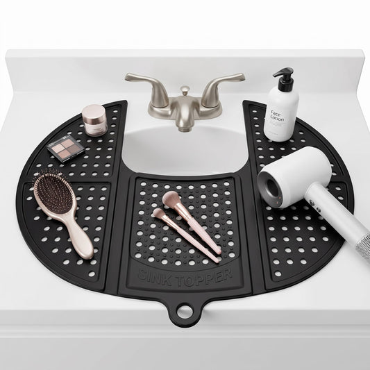 Sink Topper Bathroom Counter Cover & Storage Saver, Foldable Silicone Mat for Hot Tools, Hair Styling & Makeup, Beauty Brush Cleaning Mat, RV Camper Sink Cover & for Small Spaces (Standard Black)