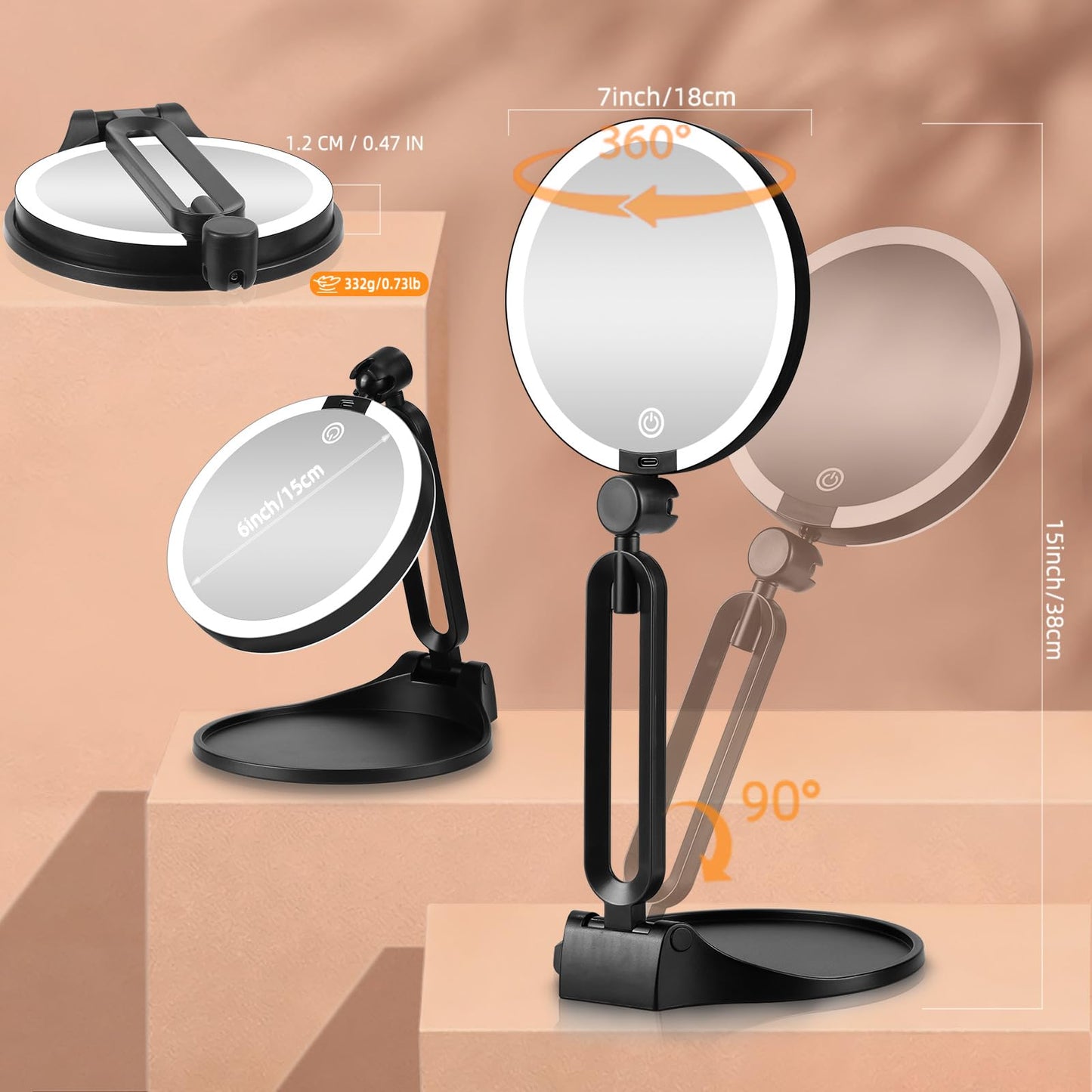 Travel Makeup Mirror with Lights,6" Portable Lighted Vanity Mirrors for Desk/Travel,1X+40X Double Sided Dimming LED Mirror with Adjustable Foldable Stand,Powerful Magnifying Only for Details Checking