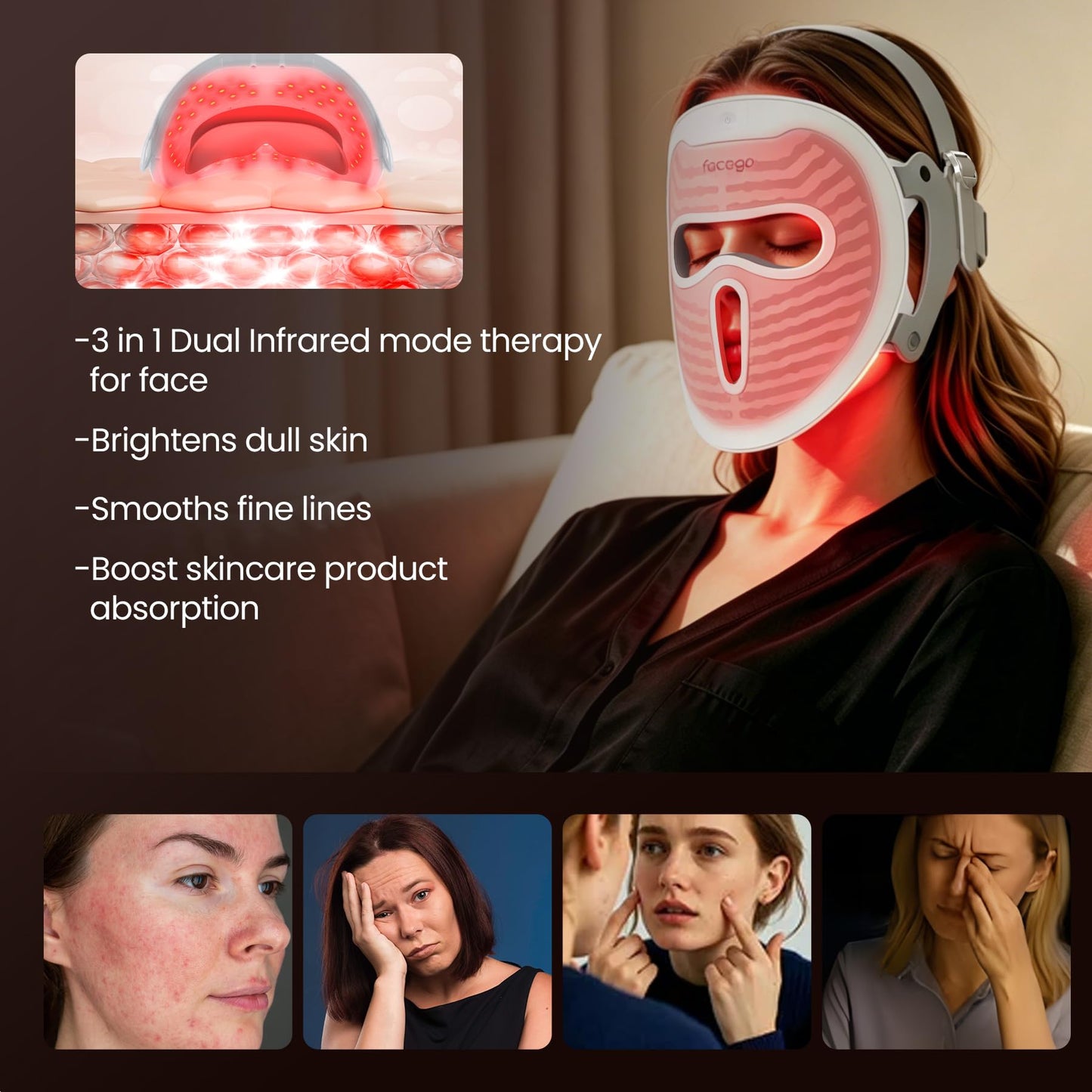 Facego Red Light Mask for Face, 4 Modes Dual Infrared Red Light Face Mask, Non-Skin Contact, Cordless Rechargeable Skincare Gifts for Women