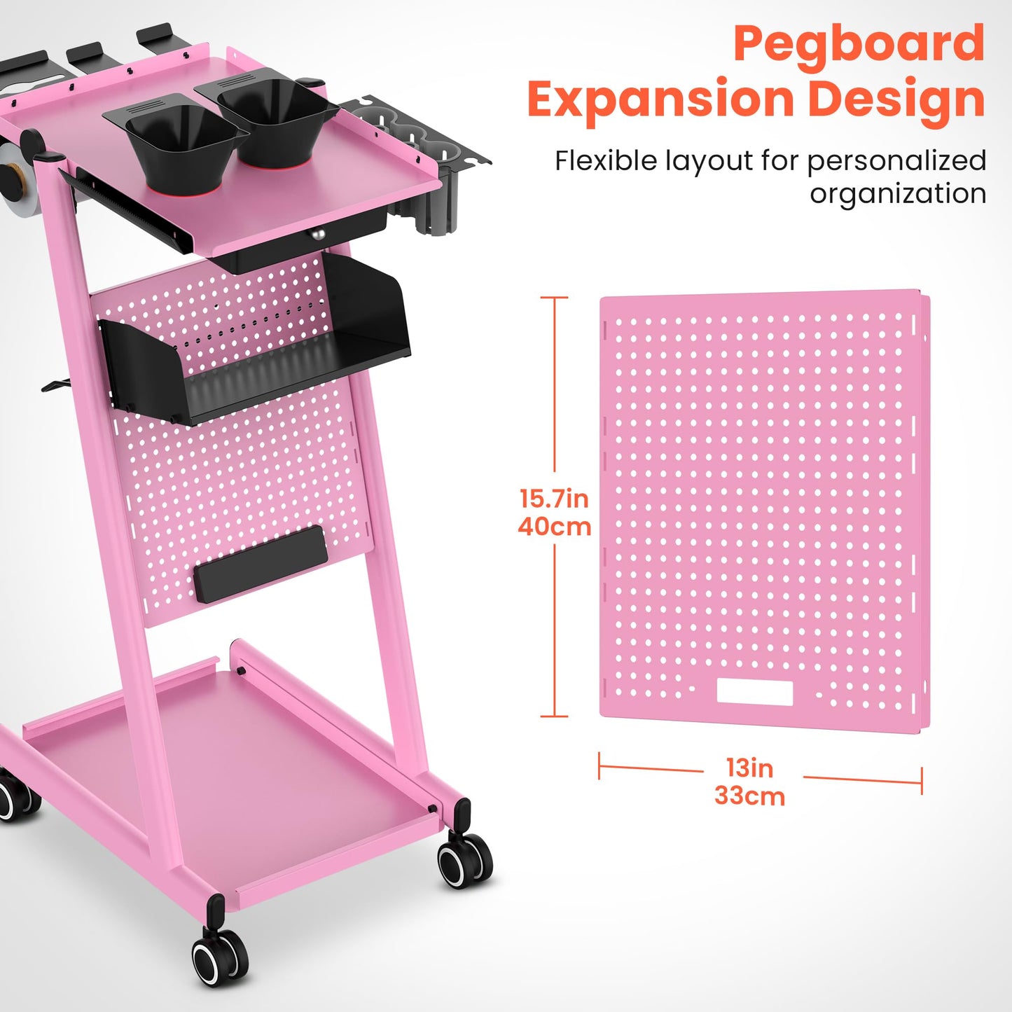 TASALON Premiu Multifunctional Rolling Workstation Table with 360 Degree Mute Universal Wheel for Tattoo Work,Beauty Salon Spa Stools Service Storage Tray with Pegboard - Pink