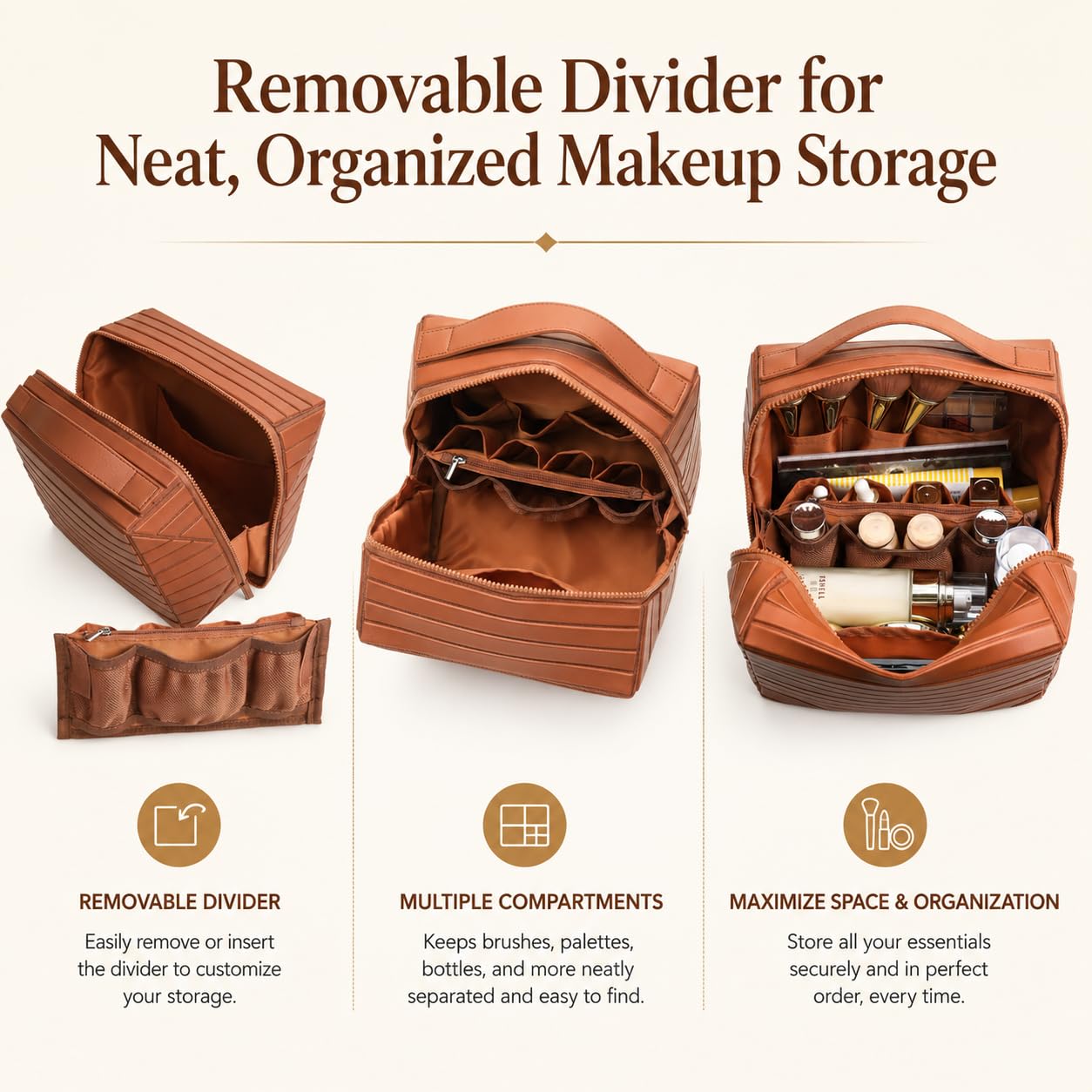 Travel Makeup Organizer Bag for Women, Fold Down Large Capacity Makeup Organizer with Compartments, Foldable Lay Flat Waterproof Cosmetic Toiletry Bag for Brushes, Skincare and Travel, Chocolate