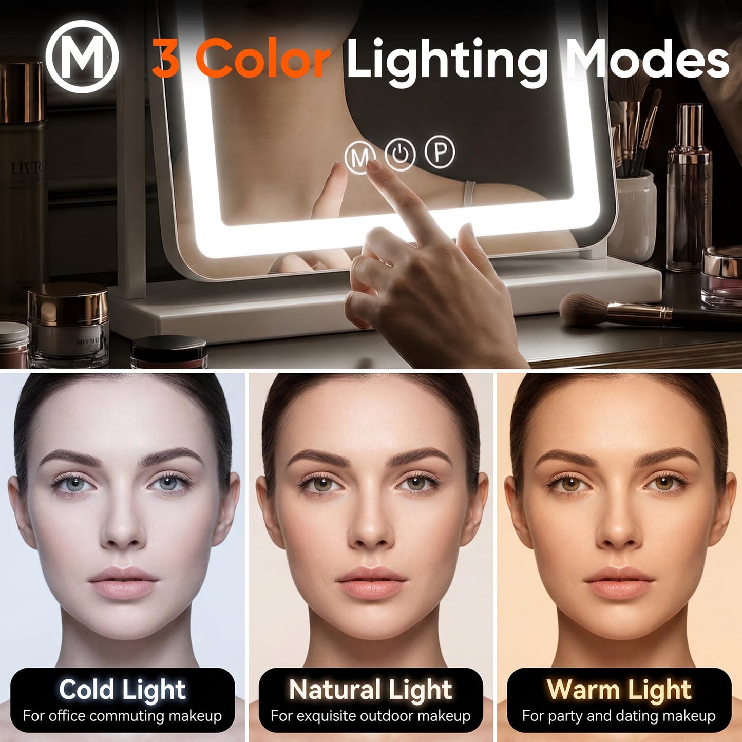 Novlux Vanity Mirror with Lights, 18"x13" Hollywood Lighted Makeup Mirror for Tabletop & Bedroom 3 Color Lighting Modes Smart Touch Control 360° Rotation Detachable