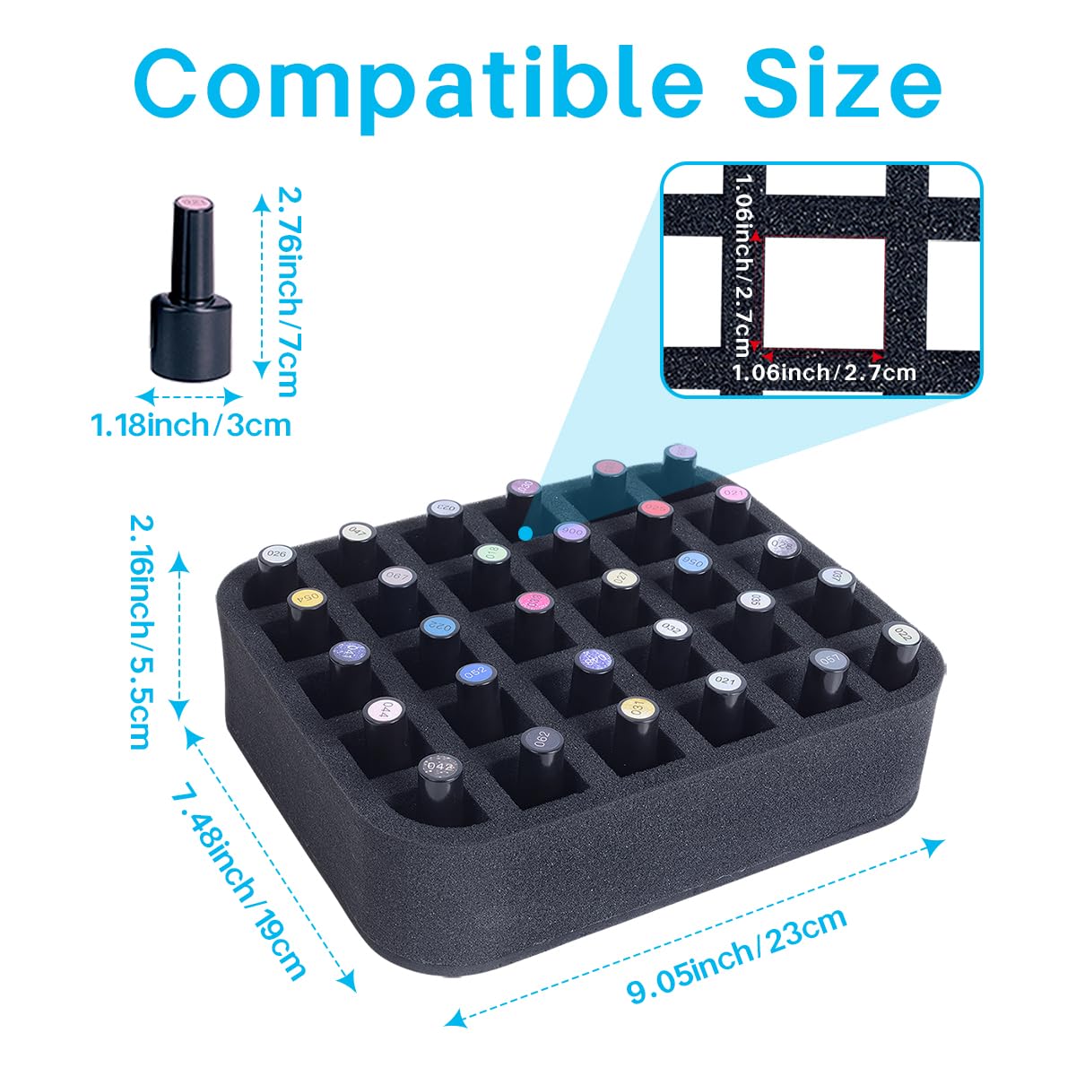 YAHOURWAT Nail Polish Organizer Holder Foam Pad with Slots for Storage 30 Bottles (15ml/0.5fl.oz) Nail Polish or Essential Oil Tray for Drawers Black