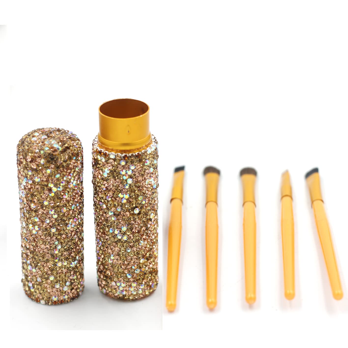 Bestbling Bling Bling Portable 5-Piece Makeup Brush Set for Eyeshadow and Eyebrows with Rhinestone Barrel Packaging (Gold)