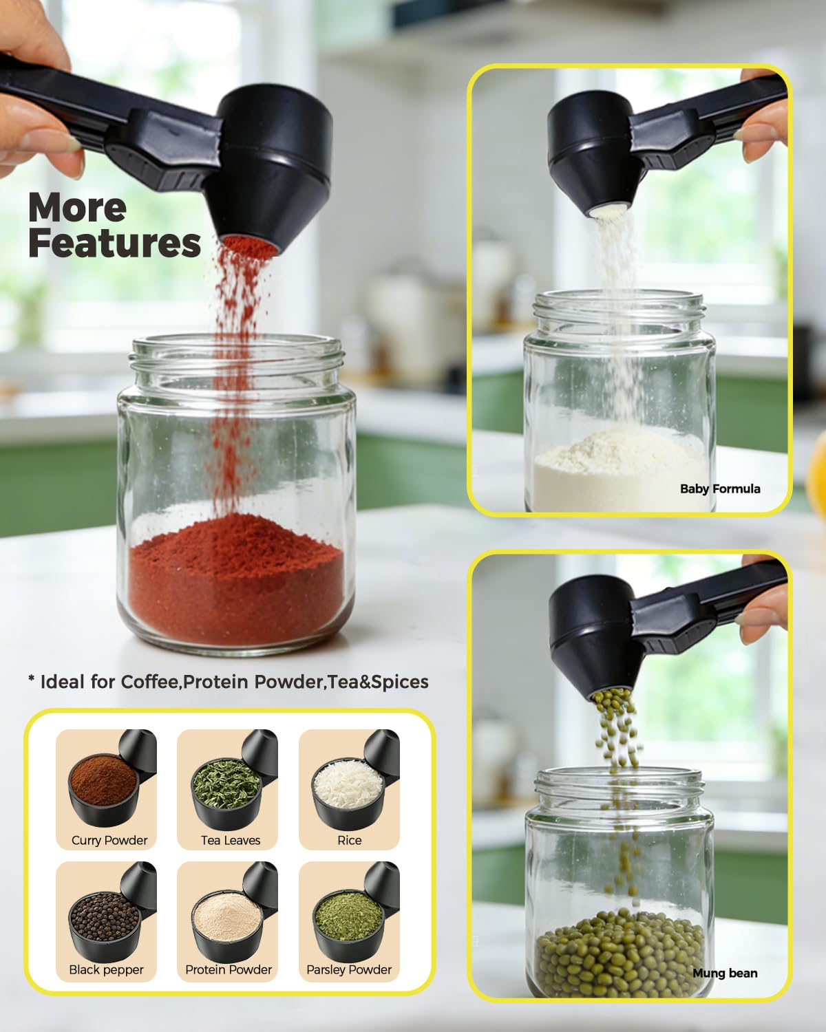 2 TBSP No‑Spill Coffee Scoop with Funnel, Mess‑Free Measuring Spoon for Ground Coffee, Protein Powder & Tea, Reusable Coffee Pod Refill, Equipped with Cleaning Brush, Black, 2 Pack