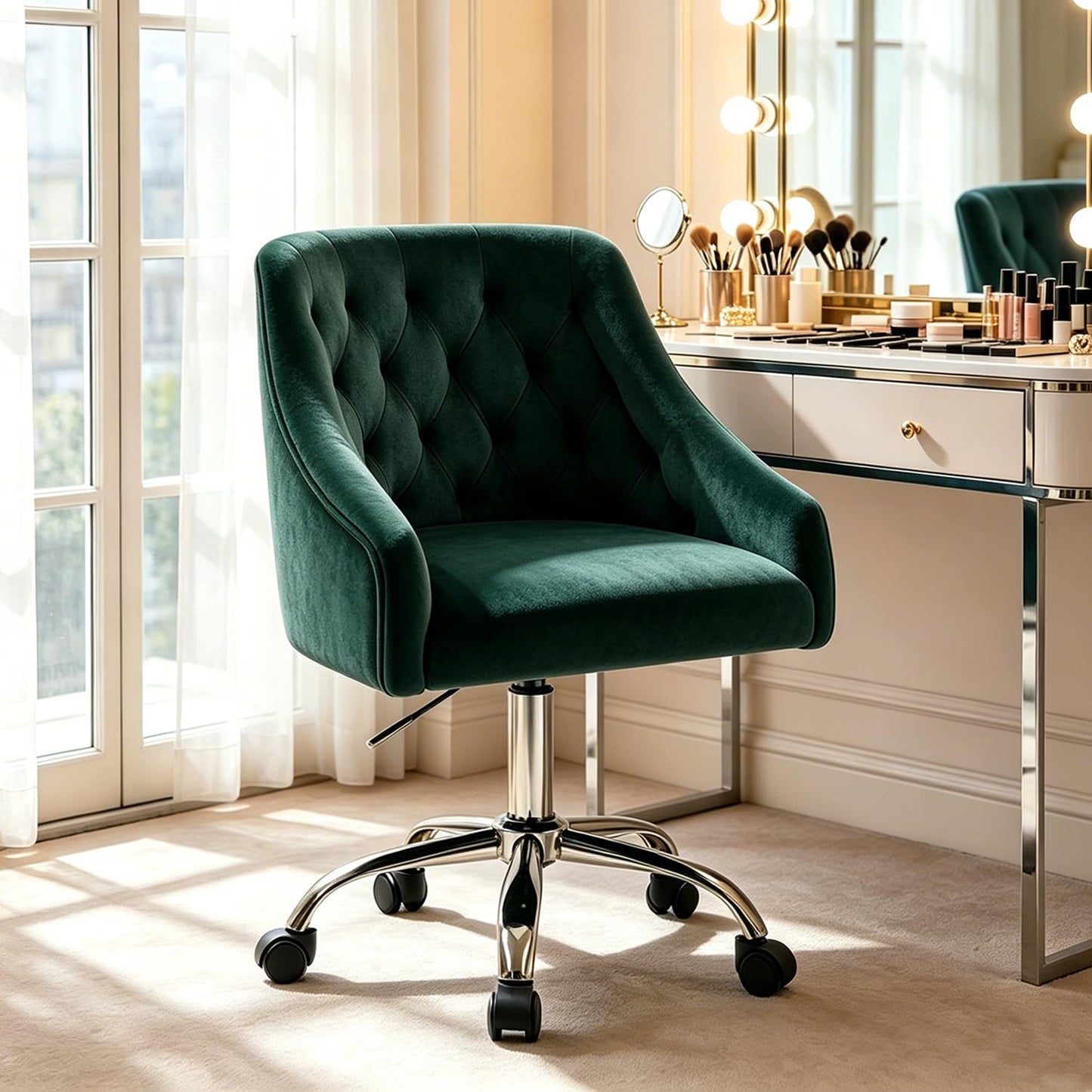 MOJAY Velvet Office Swivel Chair, Vanity Fabric Desk Pretty Fancy Gold Office Chairs for Girls, 360°Swivel Height Adjustable Reception Chair (DarkGreen)