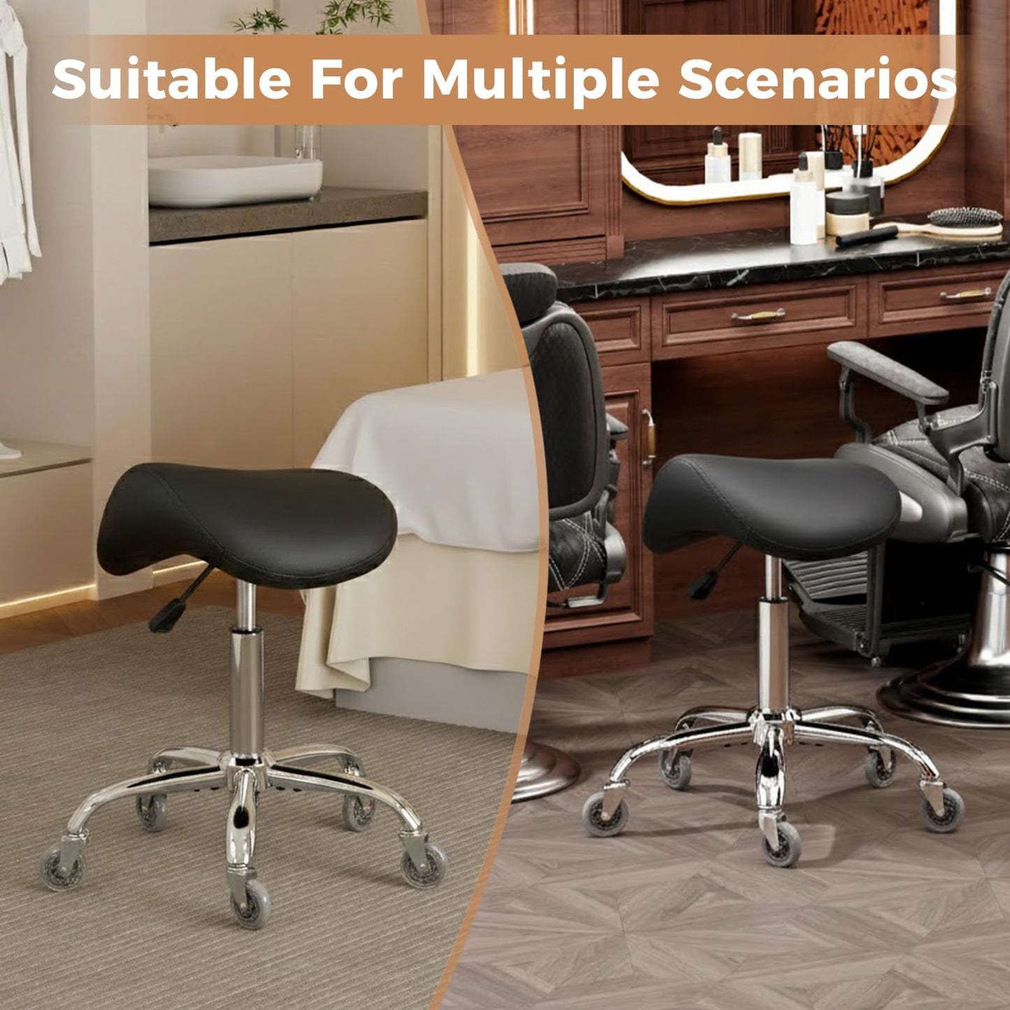 BEWISHOME Ergonomic Saddle Stool, Height-Adjustable Rolling 360° Swivel Saddle Chair with Thickened Saddle Seat Padding, Saddle Stool with Wheels for Salons, Spas, Office, Black BMD02B