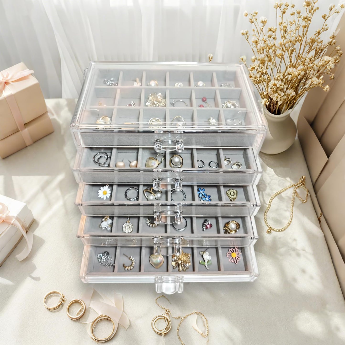 HOUKANWE Acrylic Earring Holder Organizer with 5 Drawers Clear Earring Organizer Box with 90 Adjustable Grids Velvet Earring Display Case Jewelry Organizer for Earrings Rings Studs (Grey)