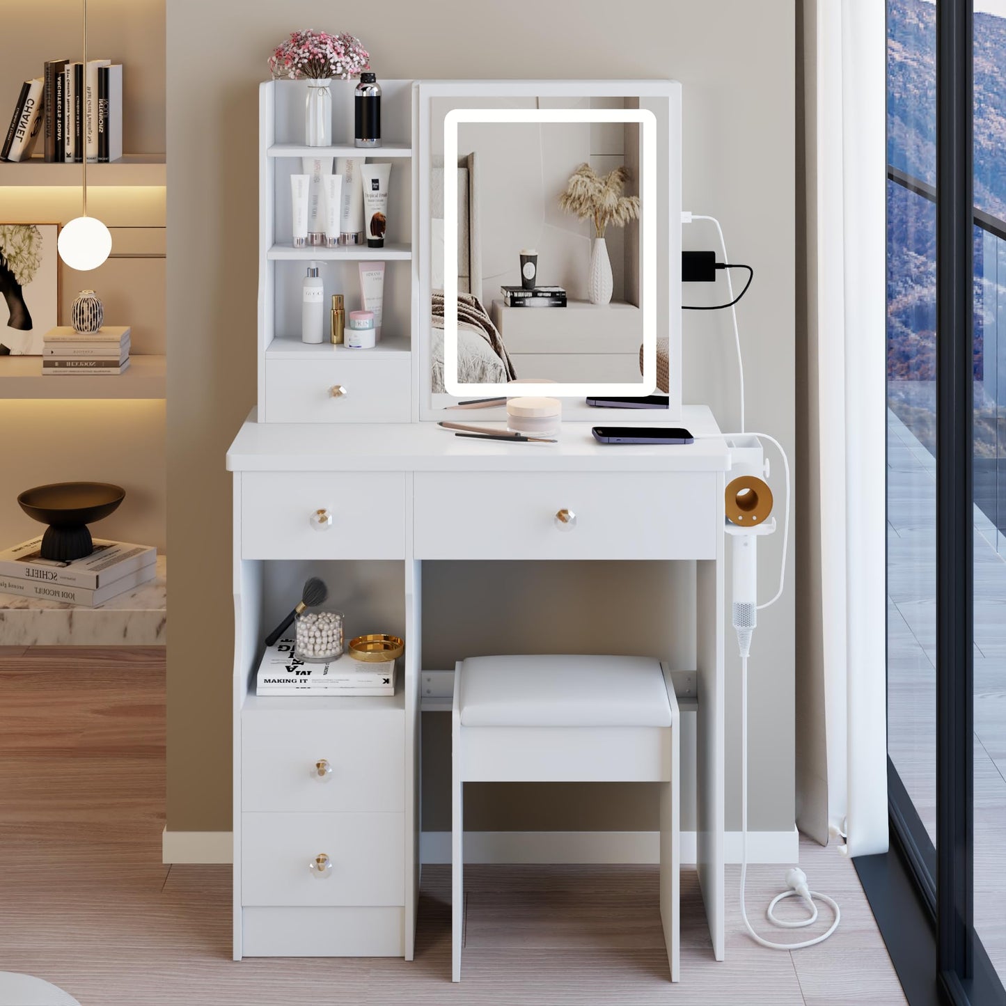 KEIKI Vanity Desk with Mirror Light and Charging Station, Makeup Vanity Table with Stool, Storage Drawer & Hair Dryer Holder, 29.2" Small Dressing Table Set with Tri-Color Lighting for Bedroom, White