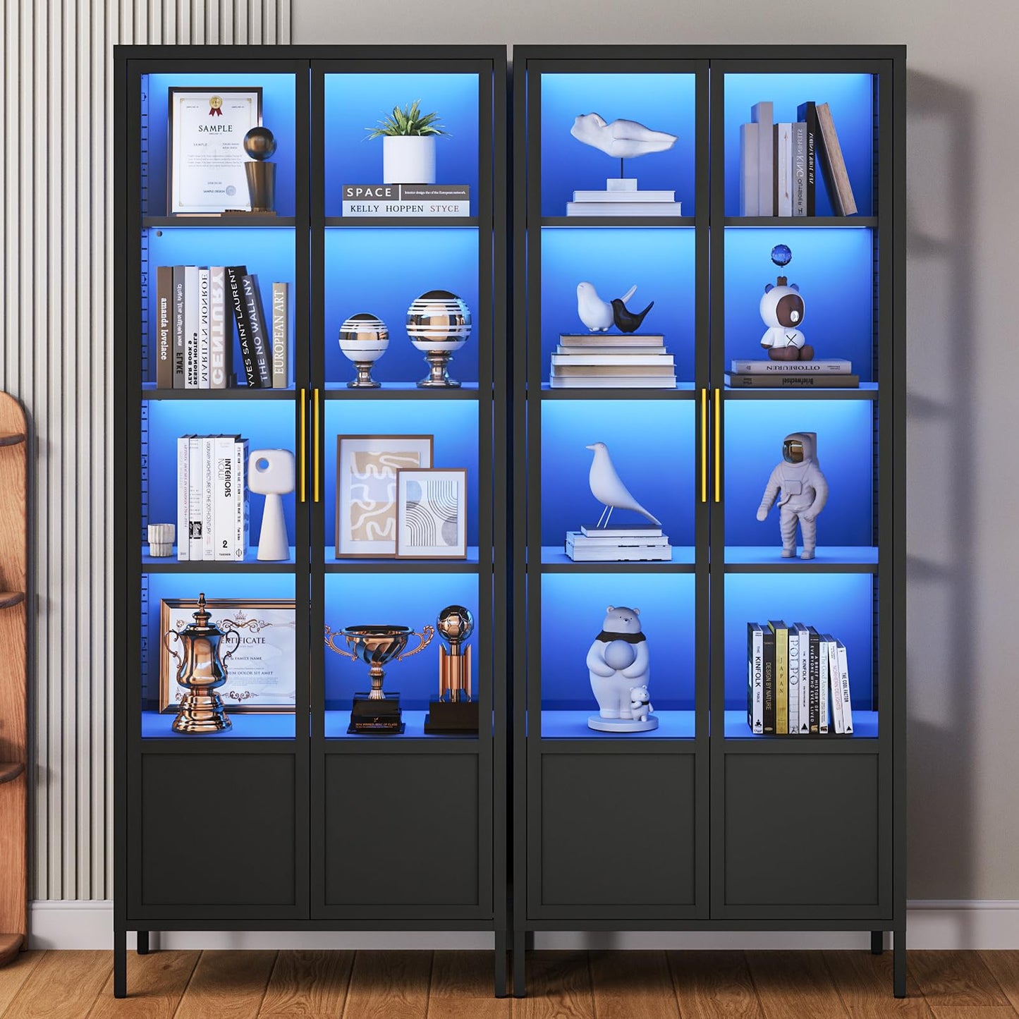 WOOW DEPOT 5-Tier Glass Display Cabinet with 13 Color Lights, 67" H Lighted Curio China Cabinet with 2 Glass Doors & Adjustable Shelves, Tall Metal Storage Cabinet Display Case for Collectibles,Black