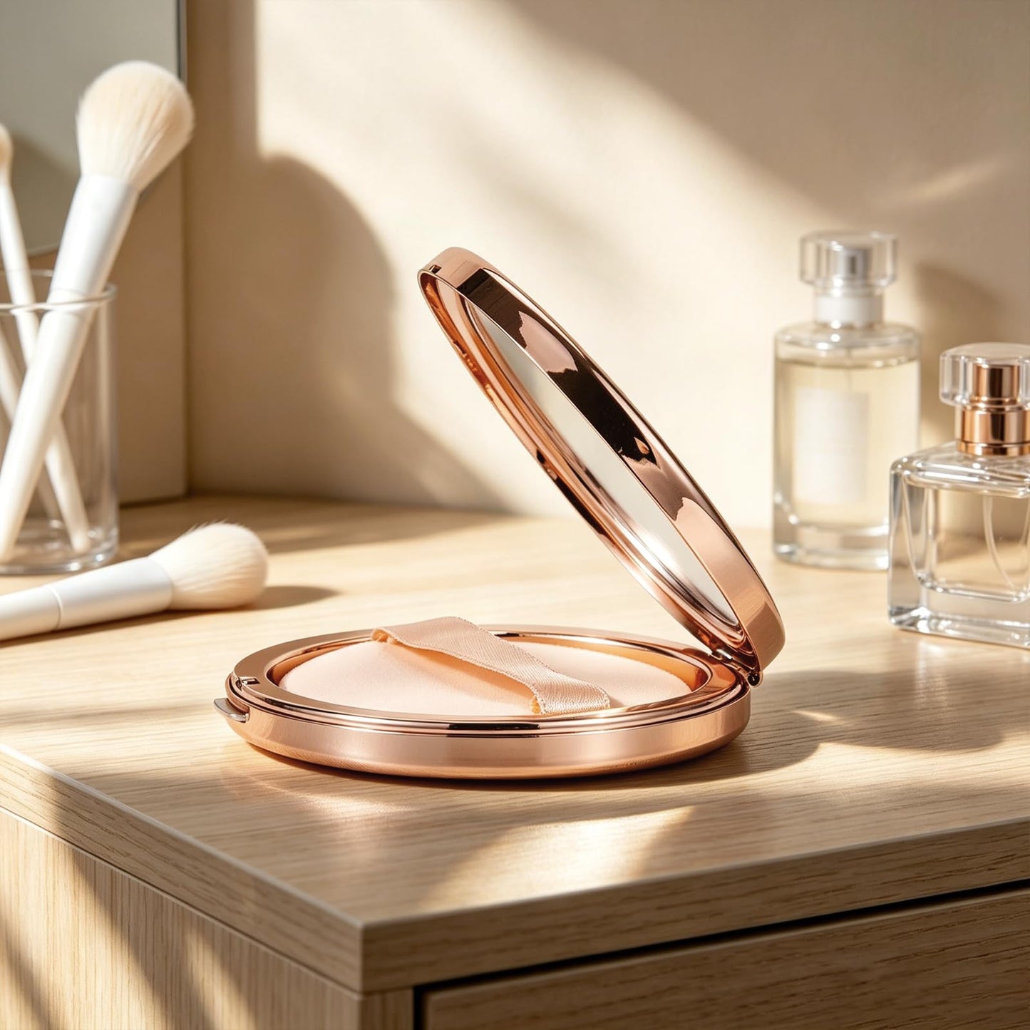 Fashion Creative Luxury Metal Beauty Sponge Case, Rose Gold Pattern, 7 cm Compact Mirror Case with Puff, Travel Makeup Powder Holder (Rose)
