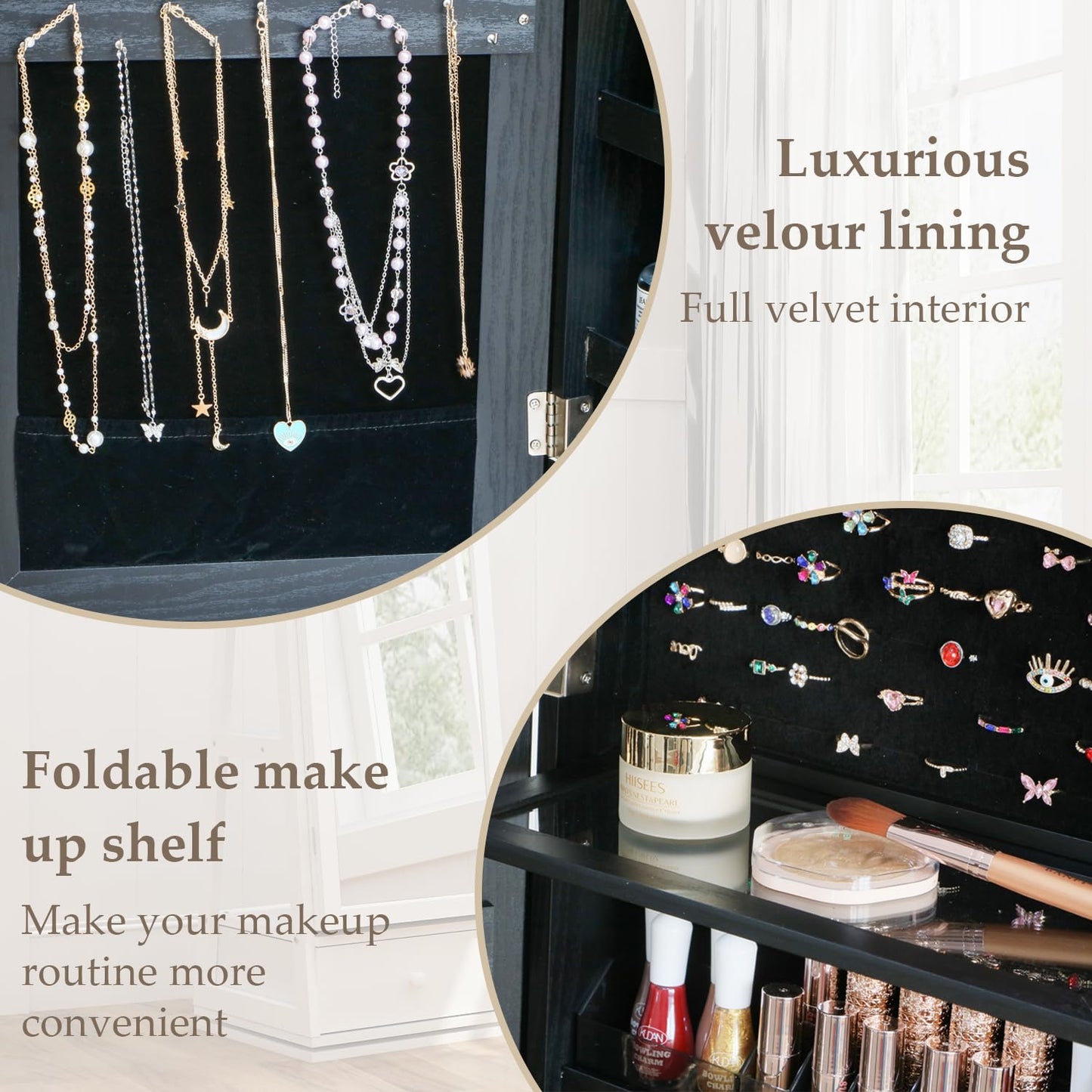 MASMIRE Full Length Jewelry Cabinet Standing With Built-In Mirror Jewelry Armoire With Mirror Drawers, Lockable Storage Mirror With Storage Racks Black