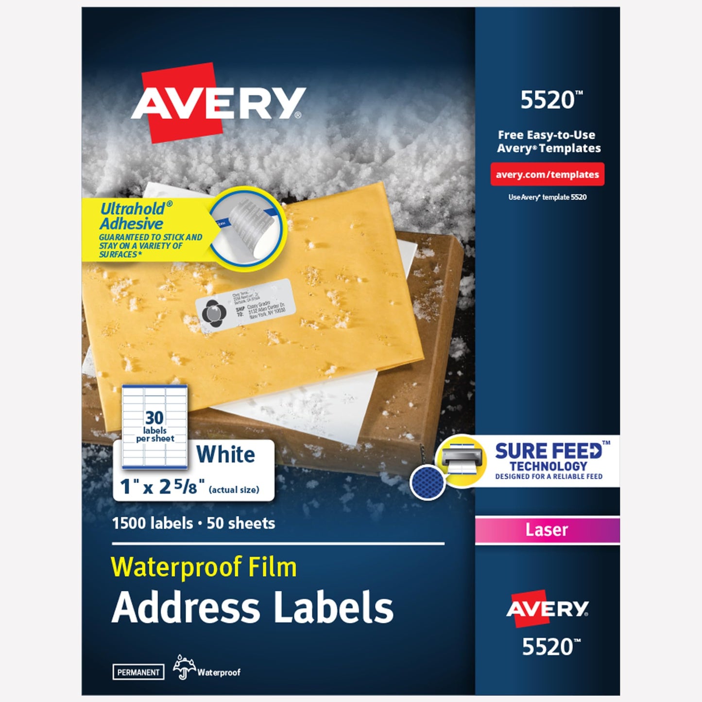 Avery Durable Waterproof Address Labels with Sure Feed Technology, 1" x 2-5/8", White, Laser & Pigment-Inkjet Compatible, 1,500 Blank Labels Total, Great for Mailing, Branding, and More (5520)