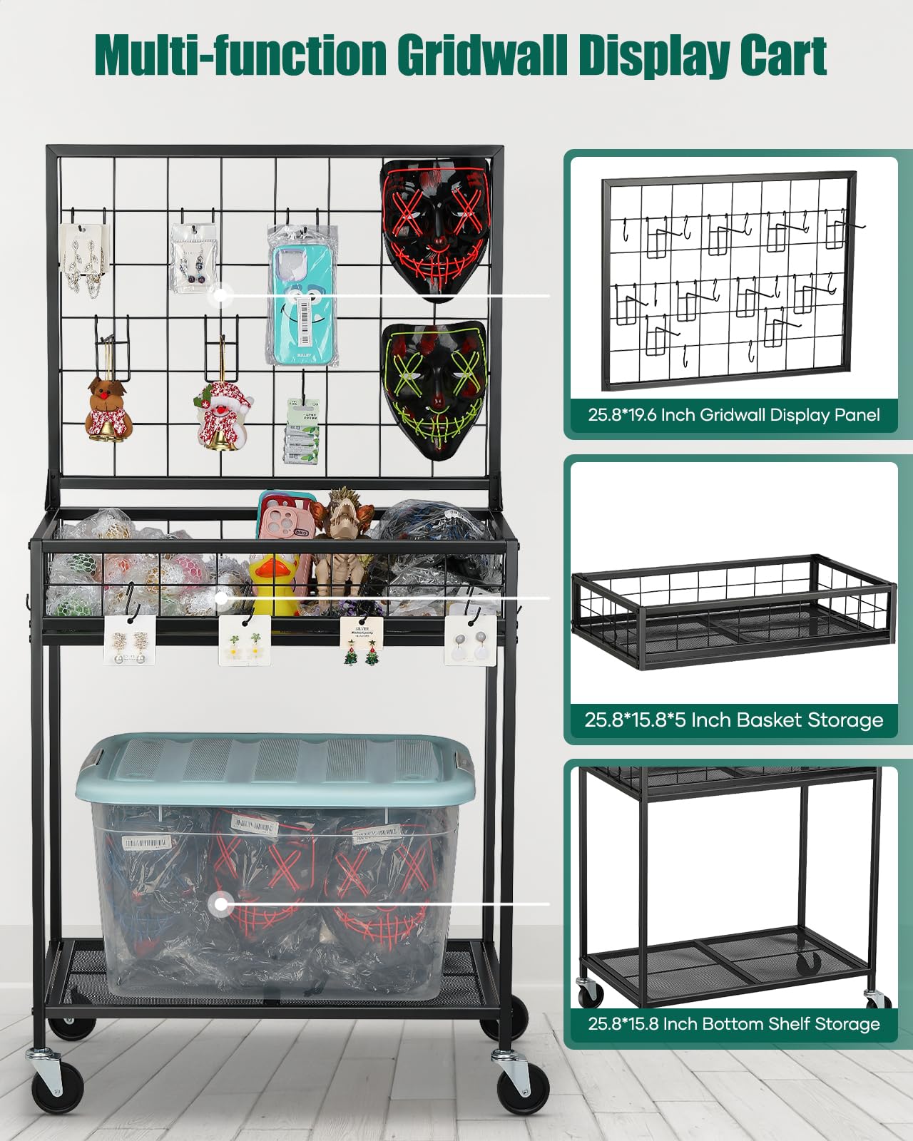 AHOWPD Grid Wall Panels Display Cart - Rolling Heavy Duty Metal Wire Grid Wall Display Stand Rack with 10 Hooks & 10 S Hooks for Craft Shows, Retail Art Fair and Flea Market (Black Cart, 1 pc)