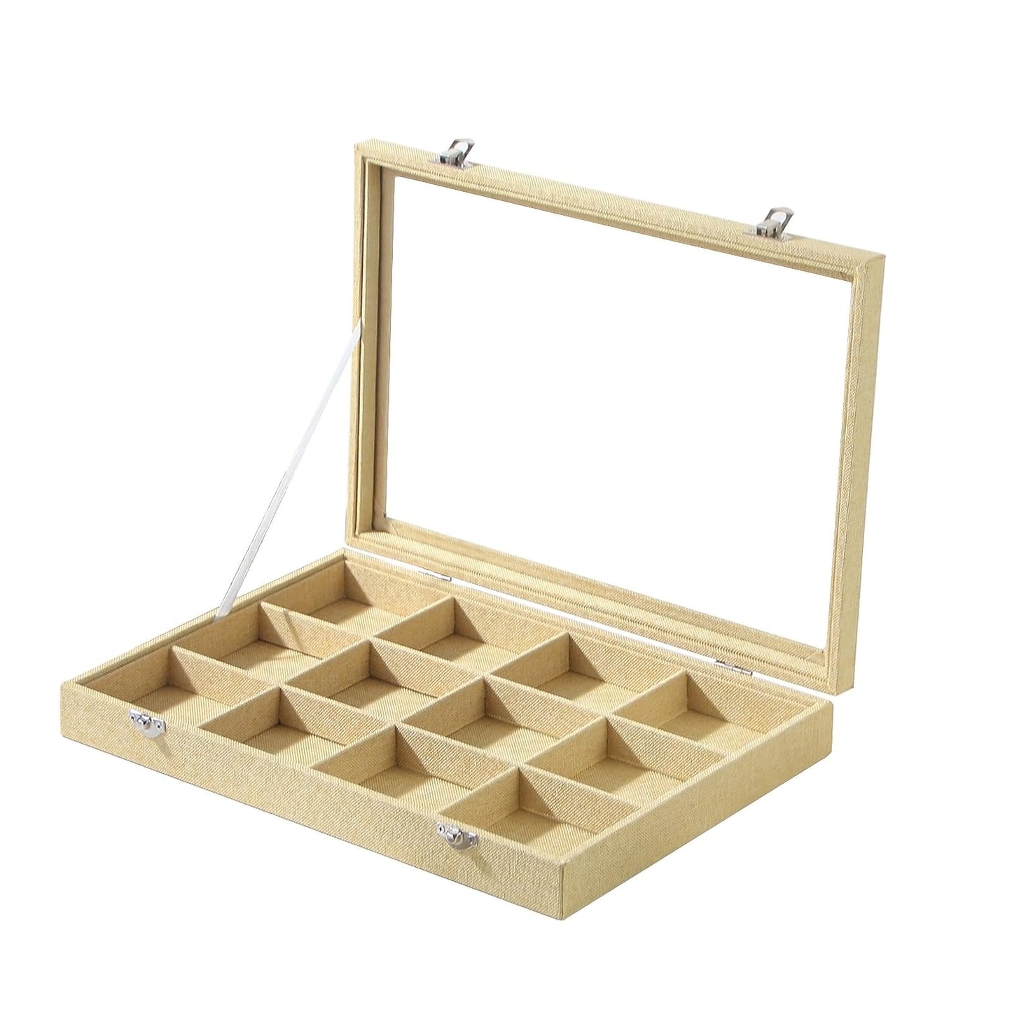 Coward Jewelry Organizer Box, Yellow Linen 12 Grids Bracelet Bangle Necklace Jewelry Display Tray Case with Transparent Glass Lid for Home Drawer Desk or Store Selling Show