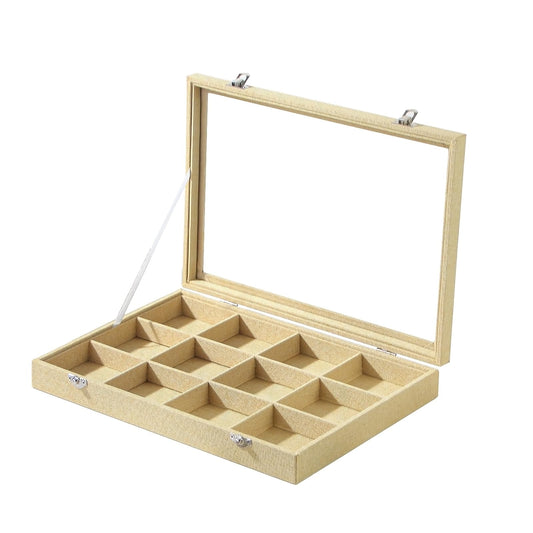 Coward Jewelry Organizer Box, Yellow Linen 12 Grids Bracelet Bangle Necklace Jewelry Display Tray Case with Transparent Glass Lid for Home Drawer Desk or Store Selling Show