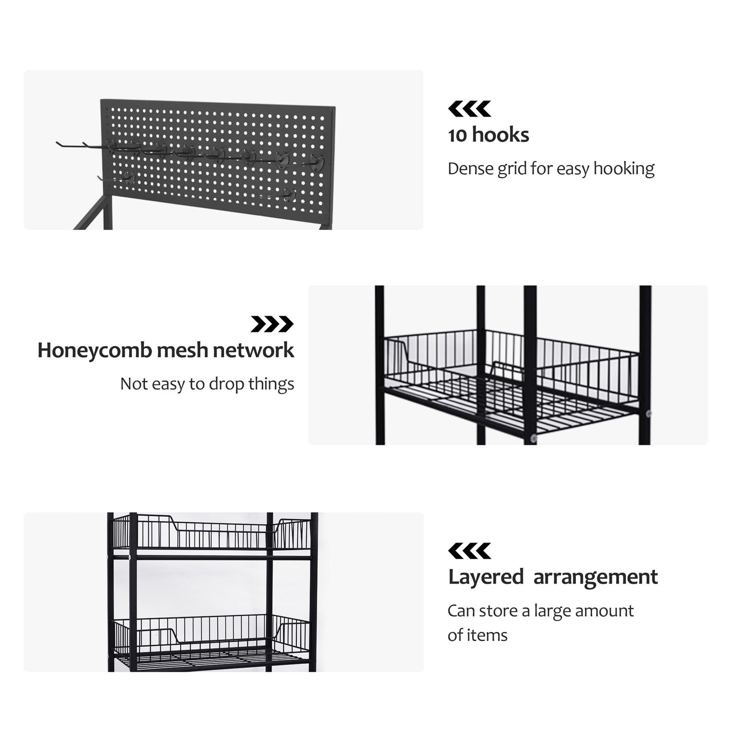 Qriocioa Retail Snack Display Rack 4-Tier Metal Candy Display Merchandise Rack Retail Chip Cart Candy Potato Display Shelves with Wheels & Hooks Snack Shelf for Supermarket and Home Kitchen, Black