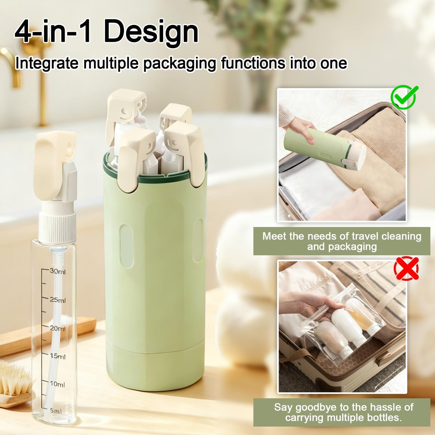 HSXCCL 4 in 1 Travel Dispenser Bottles Refillable,Travel Shampoo and Conditioner Bottles，No Spill Space Saving Compact,for Vacation Business Trip