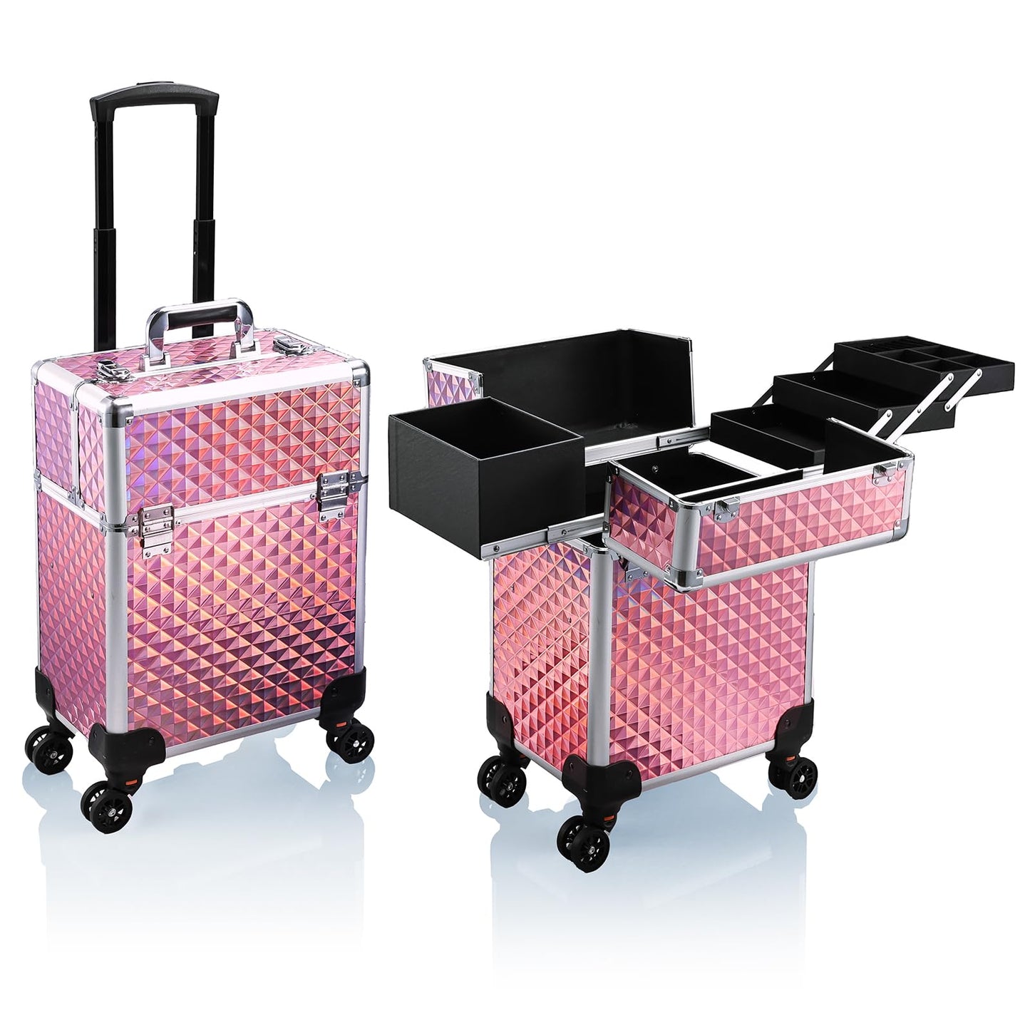 Stagiant Rolling Makeup Train Case Cosmetology Case on Wheels Travel Cosmetic Suitcase Trolley Makeup Luggage Storage Box 4 Tray with Lock Middle Layer Salon Nail Tech Cart Traveling Tattoo Case Pink