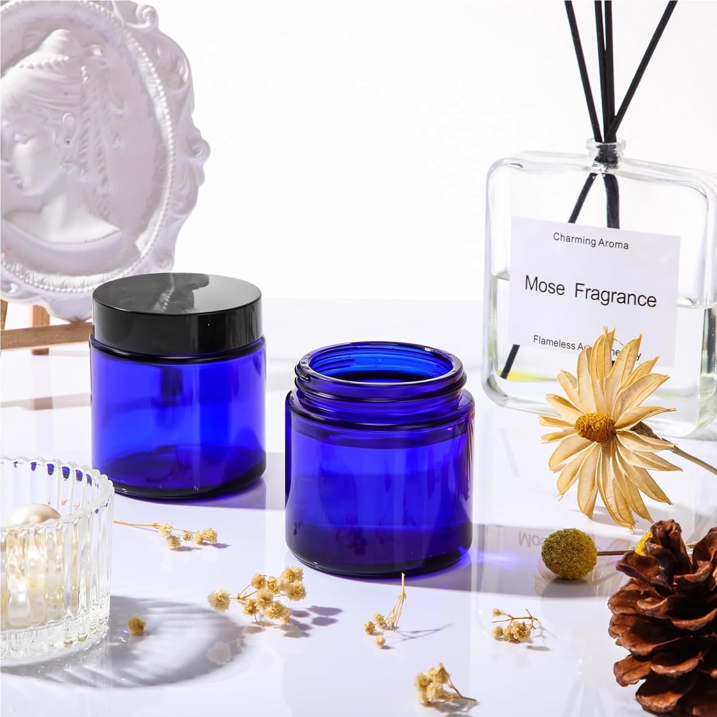 IRON BILL 1 Oz Blue Round Glass Jars with Inner Liners and Black Lids(12PCS) Empty Cream Containers Refillable Cosmetic Vials for Cosmetics, Lotions, Ointment, Body Scrubs & Balms