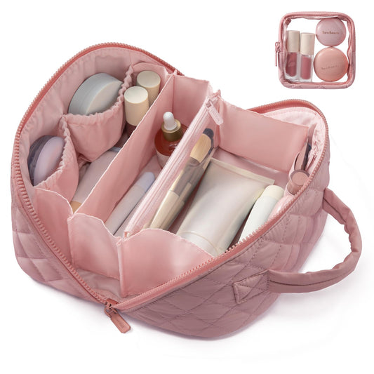 LOVEVOOK Travel Makeup Bag for Women, 2Pcs Puffer Waterproof Cosmetic Organizer, Large Capacity Pouch Open Flat Small Toiletry Bag with Brush Compartment & Handle (Red Bean Paste, Medium)