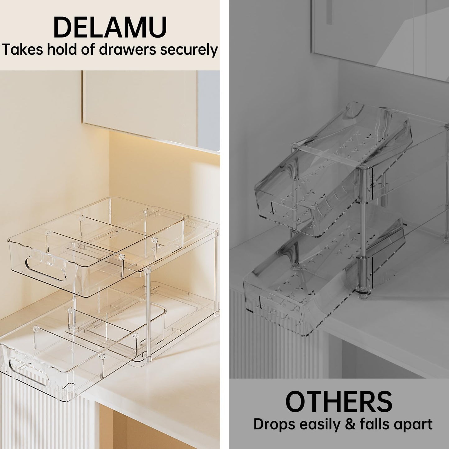 Delamu 2 Tier Under Sink Organizer Bathroom, Bathroom Cabinet Organizer with Snap-Lock Design and Hooks, Pull Out Storage with Movable Dividers, for Countertop, Kitchen and Pantry (Clear, 2 Pack)