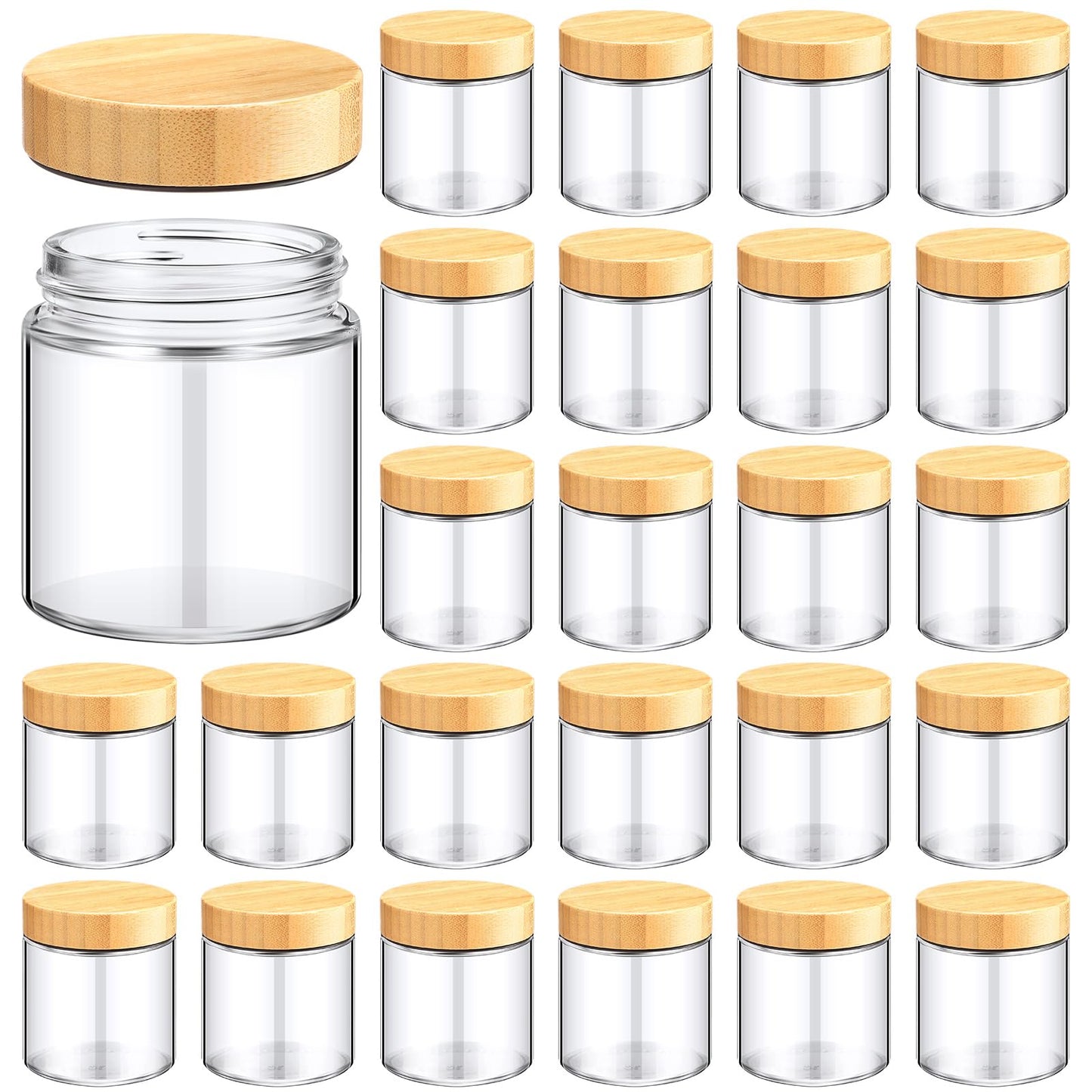 Norme 24 Pcs 8 oz Glass Jars with Lids Empty Small Glass Containers and Inner Liners Reusable Cosmetic Jars Round Airtight Bottles with Plastic Woodgrain Lids for Travel