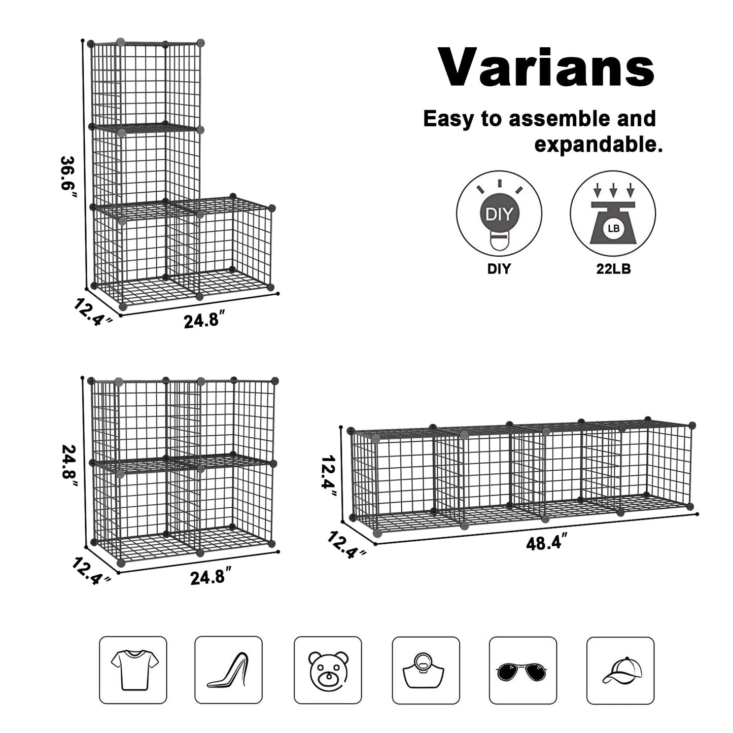 C&AHOME Wire Cube Storage, 4-Cube Storage Organizer Metal, C Grids Storage Bins Shelving, Modular Bookshelf Shelf, Closet Cabinet Ideal for Bedroom, Office 12.4”L x 24.8”W 36.6”H Black UWCS3004B
