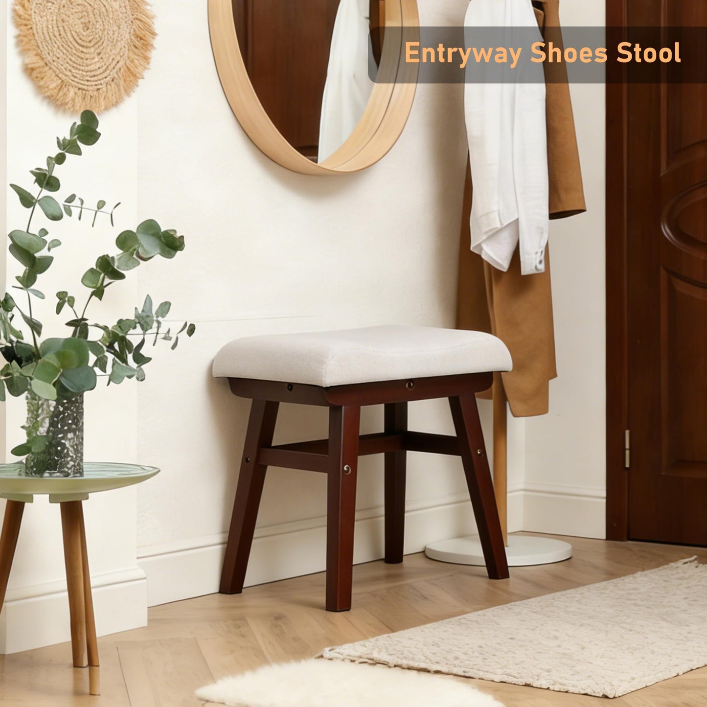 AurnaGle Wood Vanity Stool Chair, 17.7 Inch Compact Makeup Chairs with Saddle Cushion, Linen-Covered High Rebound Sponge Seat, Easy Assembly Footstool for Bedroom, Entryway, Home, Walnut Ottomans