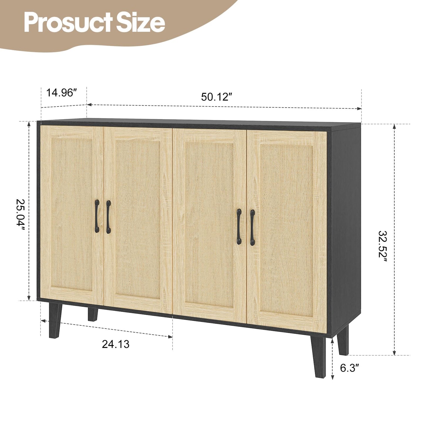 Panana Buffet Storage Cabinet with Rattan Decorating 4 Doors Living Room Kitchen Sideboard 48.43 x 34.65 x 15 inch (Black)