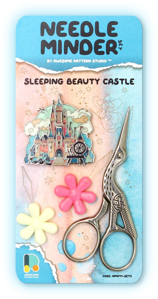 Awesome Pattern Studio Sleeping Beauty Castle Magnetic Needle Minder + 2 Needle Threaders + Crane Scissors. Enamel Pin for Cross Stitch, Embroidery and Craft
