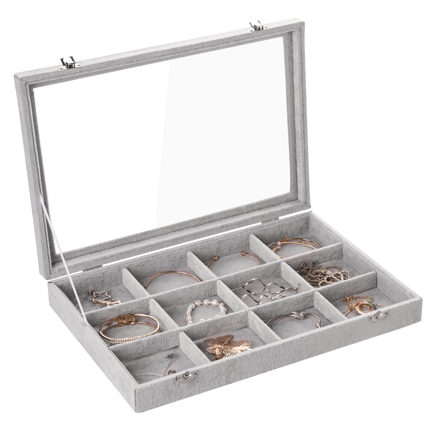 Frebeauty Velvet Jewelry Tray,12 Grid Jewelry Organizer with Clear Lid,Bracelets Holder,Jewelry Display Case with Clasp,Drawer Insert Bangle Brooch,13.8 x 9.5 x 2 Inches,Gift for Women Girls(Grey)