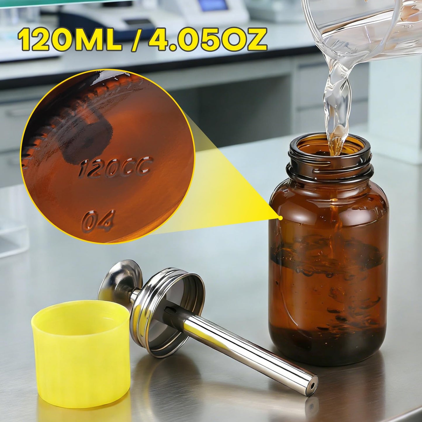 2Pcs 4Oz / 120ml Amber Glass Dispenser Bottles with Lid, Leakproof Acetone Dispenser Pump for Industry, Push Down Glass Alcohol Bottle with Copper Core, Empty Refilllable Liquid Container for PFA/LDPE