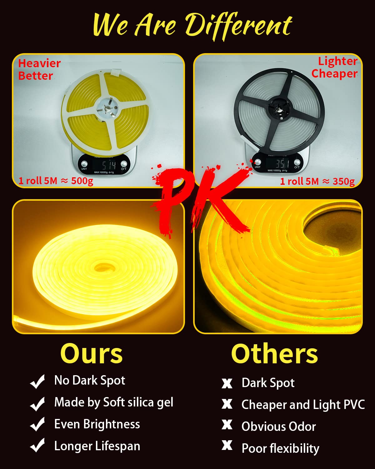 YM E-Bright Purple Led Neon Strip Light Without Power Supply, 5M 16.4Ft 600SMD Silicone Rope Lamp for Signboard Bar Home Building Indoor Outdoor Decoration Waterproof Flexible DC12V