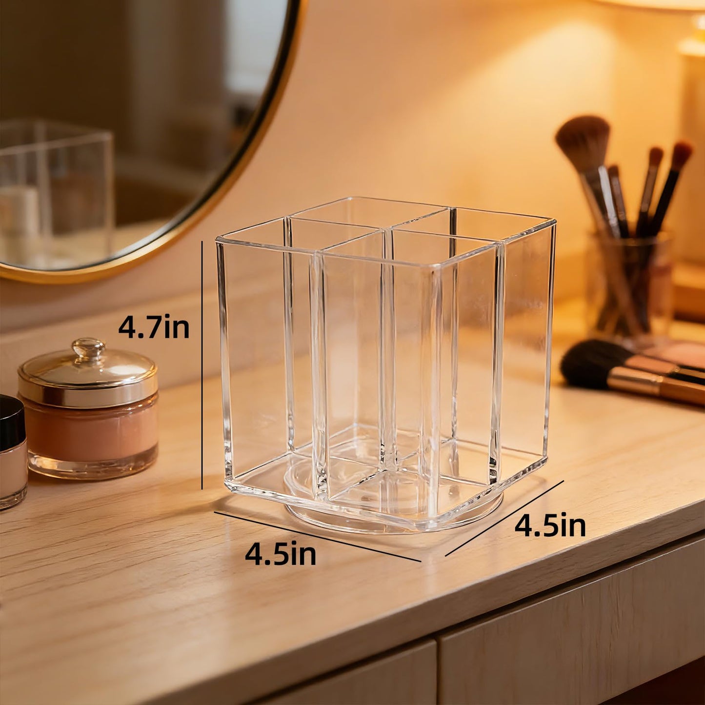 HALAGAS Acrylic Makeup Brush Holder, Clear Rotating Makeup Brush Holder Organizer with 4 Slots, Square Makeup Brush Cup for Vanity Desk Countertop Bathroom