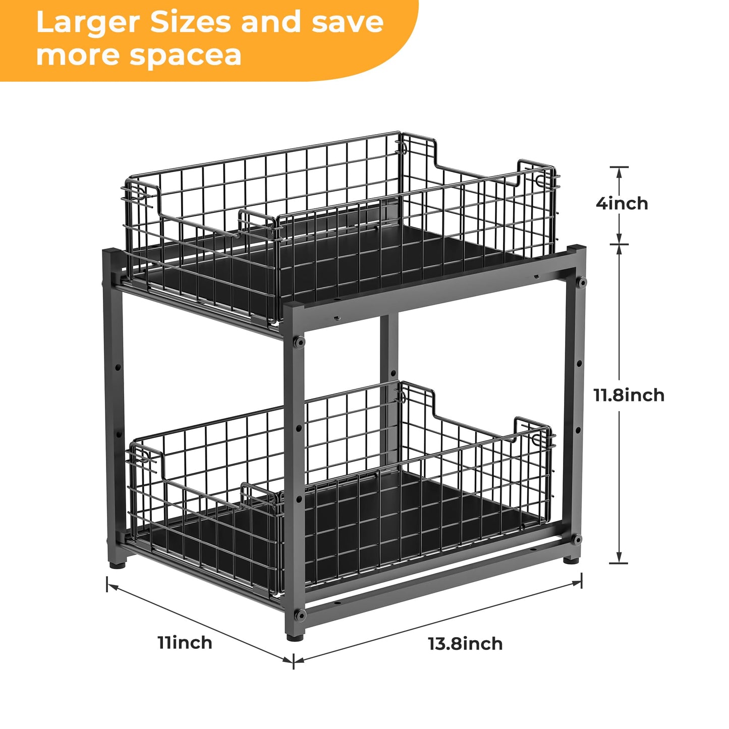 SILUB Under Sink Organizer, 2-Tier Pull Out Cabinet Organizer, Adjustable Height Bathroom Organizer and Storage, Spice Rack for Kitchen, Sliding Drawers Shelves 13.8×11×15.8 Inch (1 Pack)