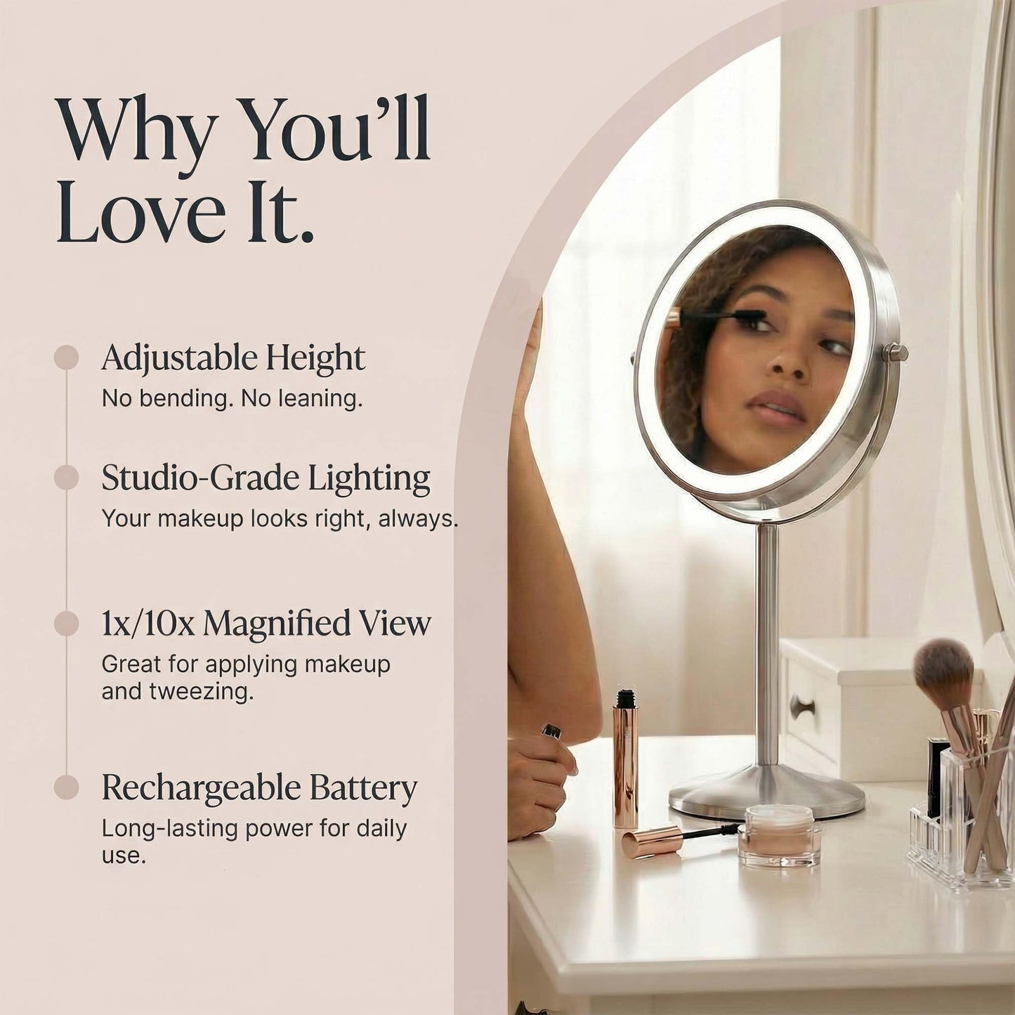 Fancii 9-Inch Lighted Makeup Mirror Height Adjustable with 10X /1X Magnification - Rechargeable, Double Sided LED Vanity Mirror with Light and Stand, 360° Swivel