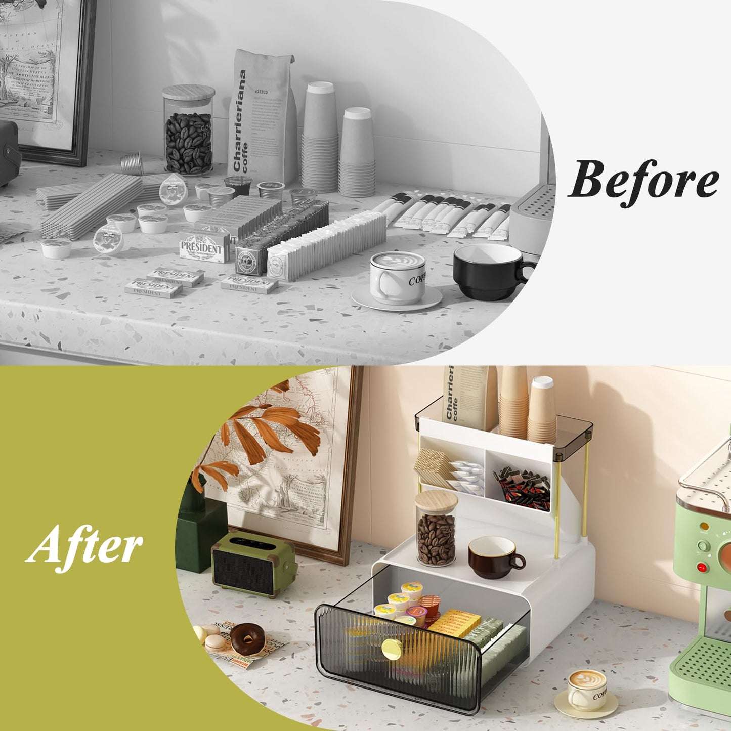 FOLLOWIN Bathroom Counter Organizers and Storage with Drawer, Cosmetic Organizer with Make Up Brush Holder, Perfume Makeup Shelf, 3-Tier Vanity Storage, Smoke Gray