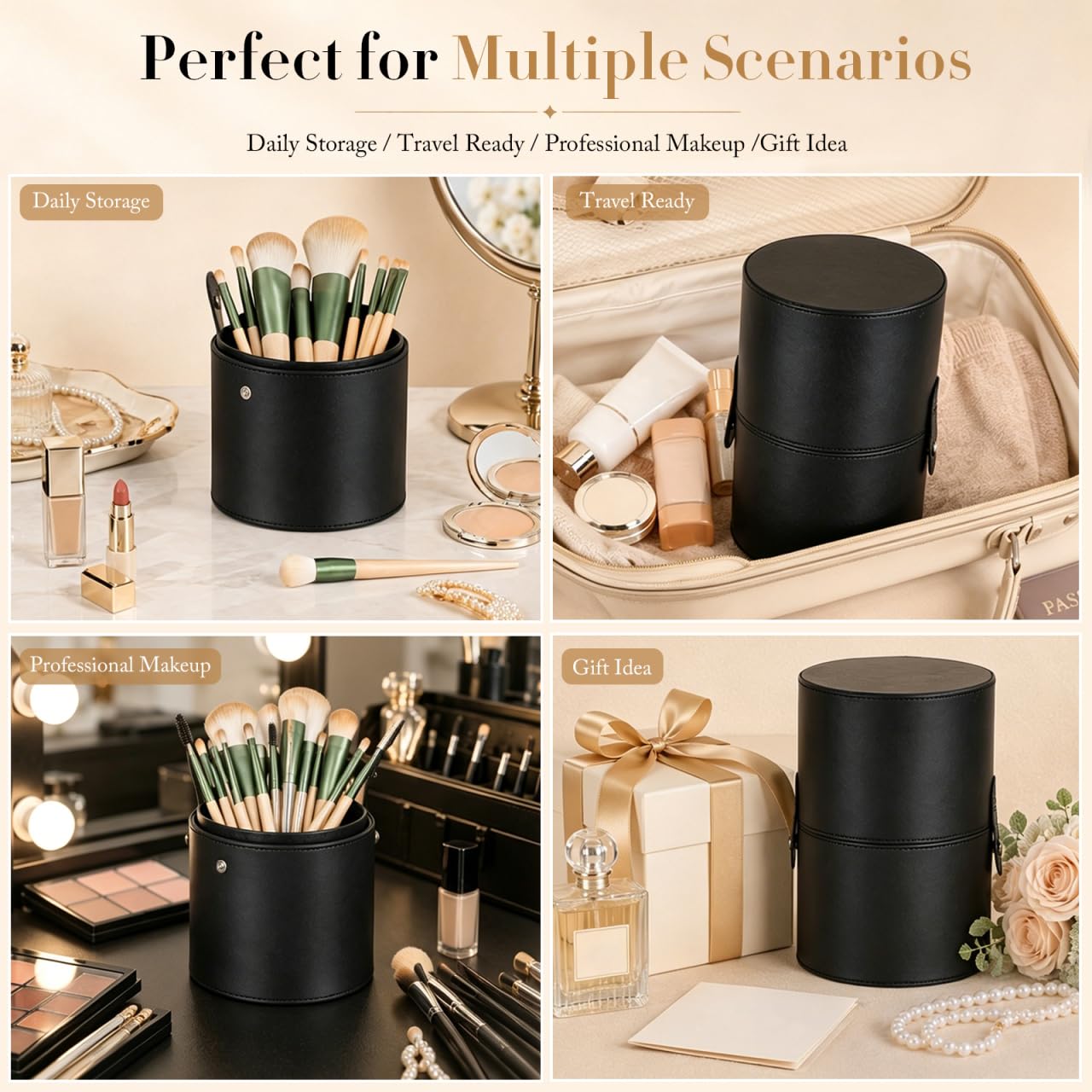 Beaupretty Makeup Brush Holder with Lid Pu Leather Cosmetic Brush Holder Portable Makeup Storage Tube Travel Case 7.91 X 5.19 X 5.19 in