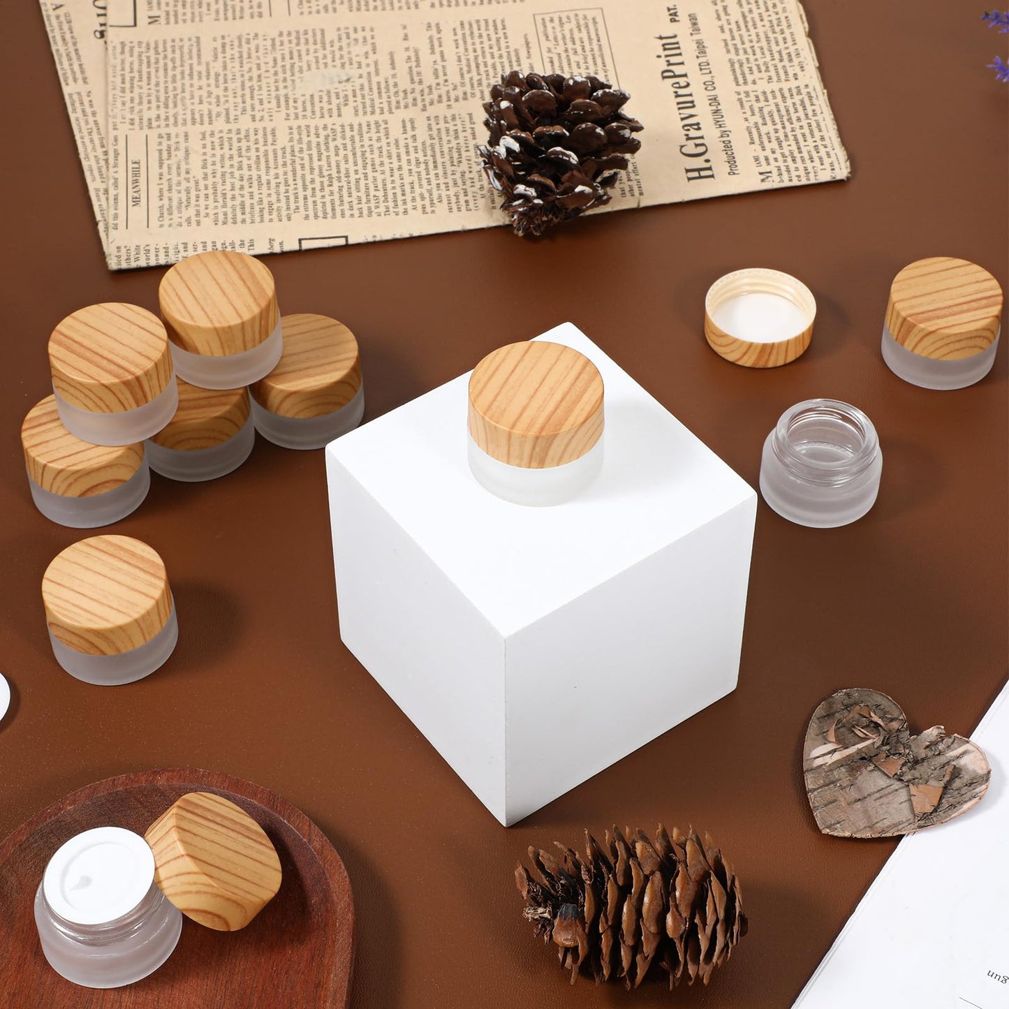 36 Pcs 5 Grams Glass Cosmetic Containers, Round Frosted Cosmetic Jars with Leak proof Woodgrain Lids, Makeup Sample Containers, Empty Glass Sample Jars for Lotion, Cream, Scrub, Balm