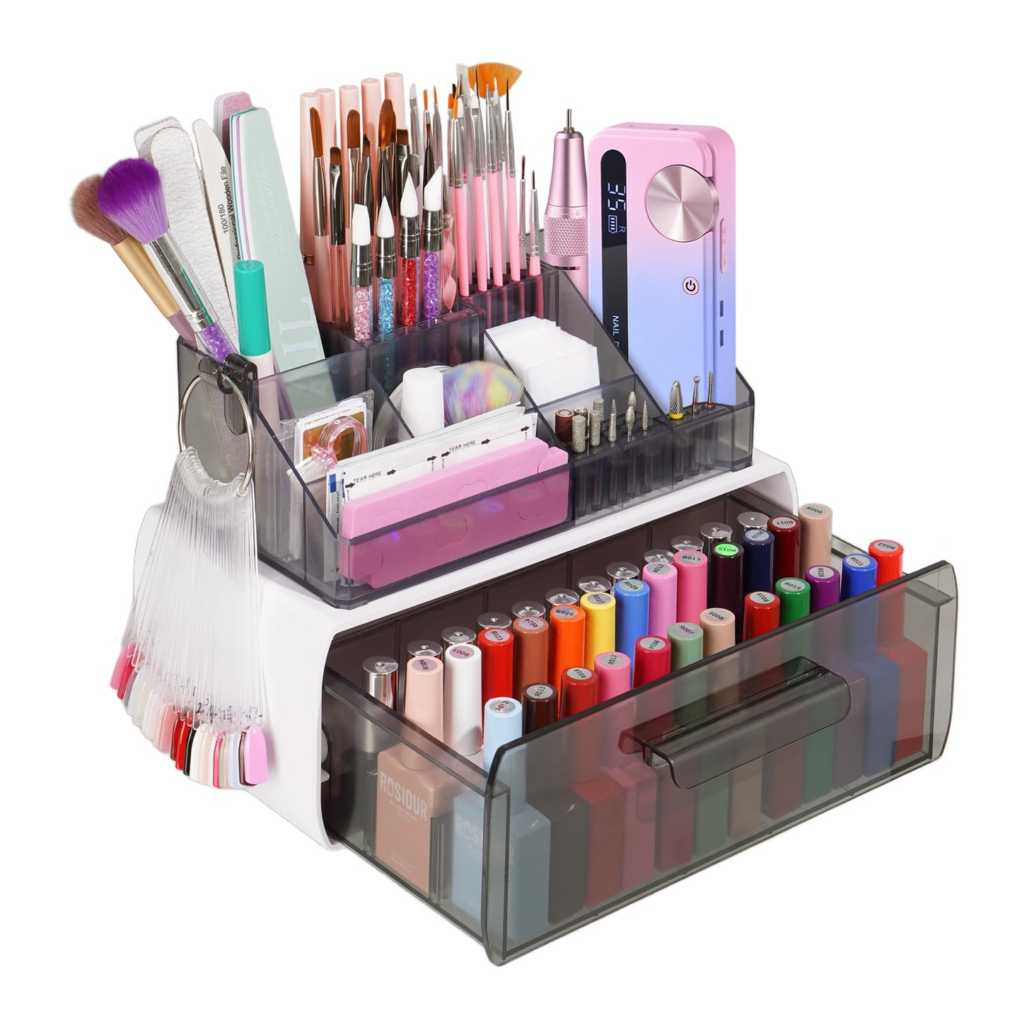 Wilfniee Nail Tech Desk Organizer Case: 2 Layers Nail Tech Organizers with Nail Polish Storage Drawer- 53 Holes Nail Drill Bits & Nail Brushes Pens Holder for Manicure Nail Supplies (Grey)