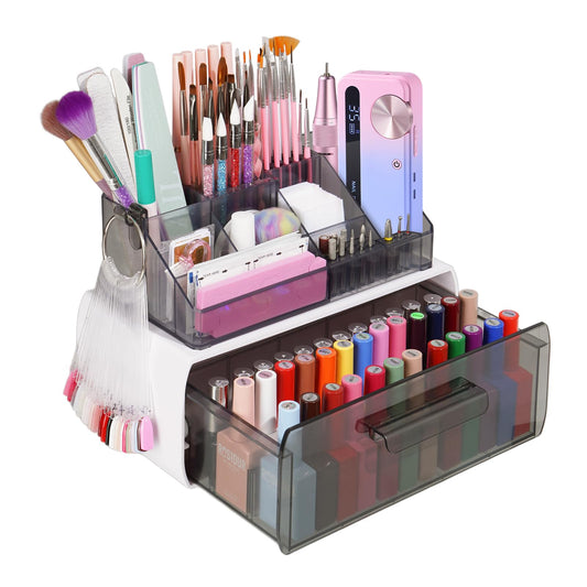 Wilfniee Nail Tech Desk Organizer Case: 2 Layers Nail Tech Organizers with Nail Polish Storage Drawer- 53 Holes Nail Drill Bits & Nail Brushes Pens Holder for Manicure Nail Supplies (Grey)