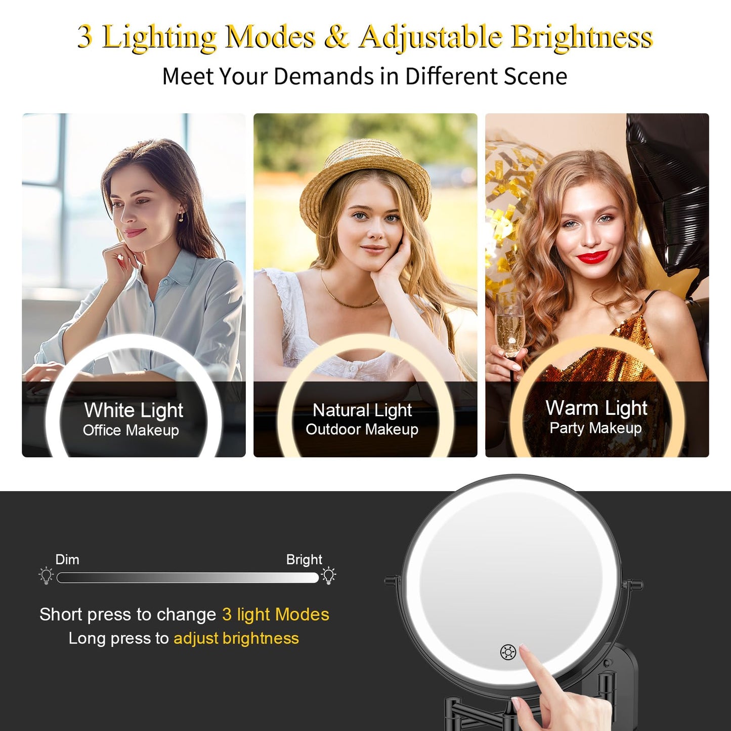 FUNTOUCH 20X/3X Rechargeable Wall Mounted Makeup Vanity Mirror with Lights, Double Sided Magnifying Wall Mount Mirror,3 Color Lighting, Touch Screen Dimming,Extension Arm 360 Rotation Wall Mirrors