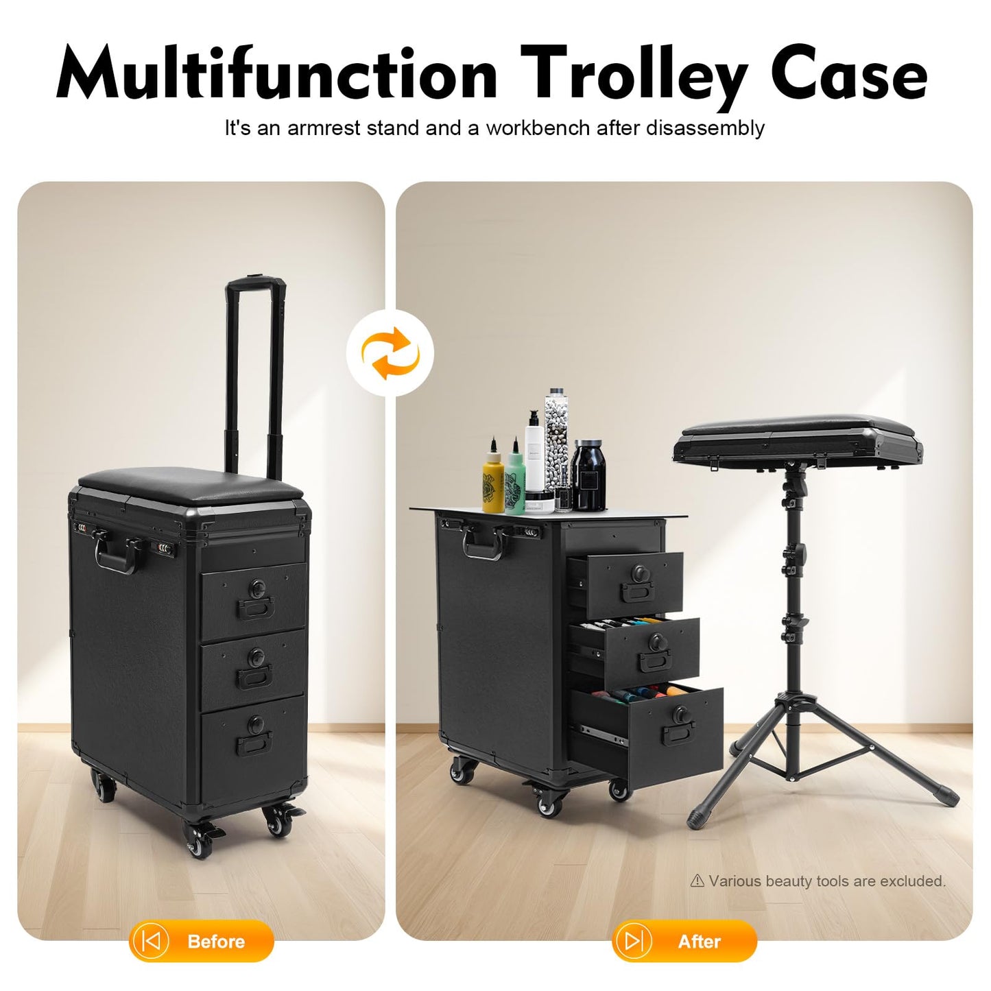 Namiose Rolling Makeup Case with 3-Drawers, Acrylic Makeup Case with 4 Universal Wheels and Removable Tripod Top Soft Cushion for Freelance Make-Up Artists Wedding Make-Up Artists