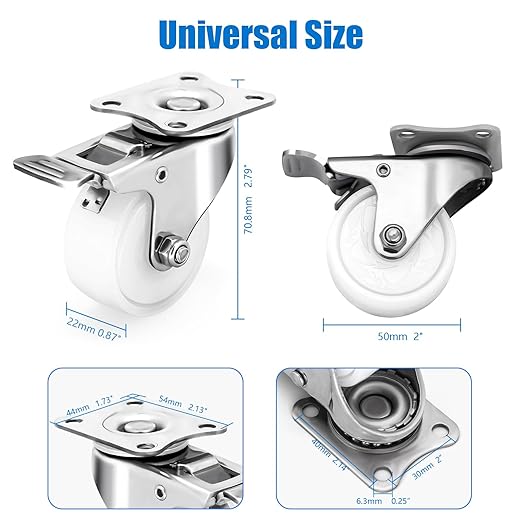 2 Inch Stainless Steel Caster Wheels Set of 4, Anti-Rust Outdoor Swivel Casters with Brake, Durable Polyamide PA Wheels for Furnitures,Labs,Restaurants