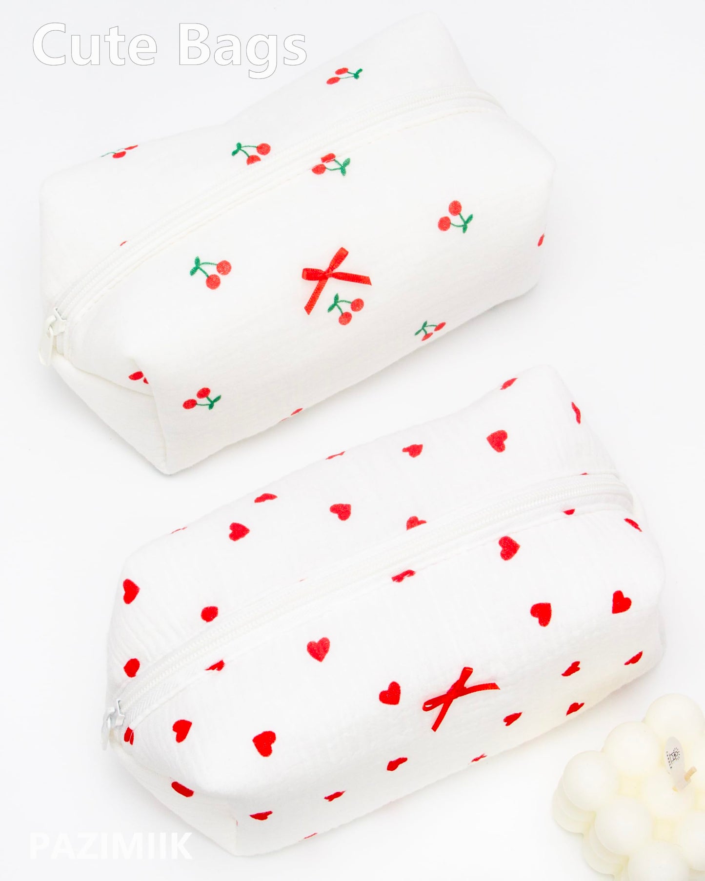 PAZIMIIK 6PCS Cozy Makeup Bag Small Aesthetic Travel Zipper Cosmetic Pouch for Women Make Up Beauty Accessories Brushes,Heart Red
