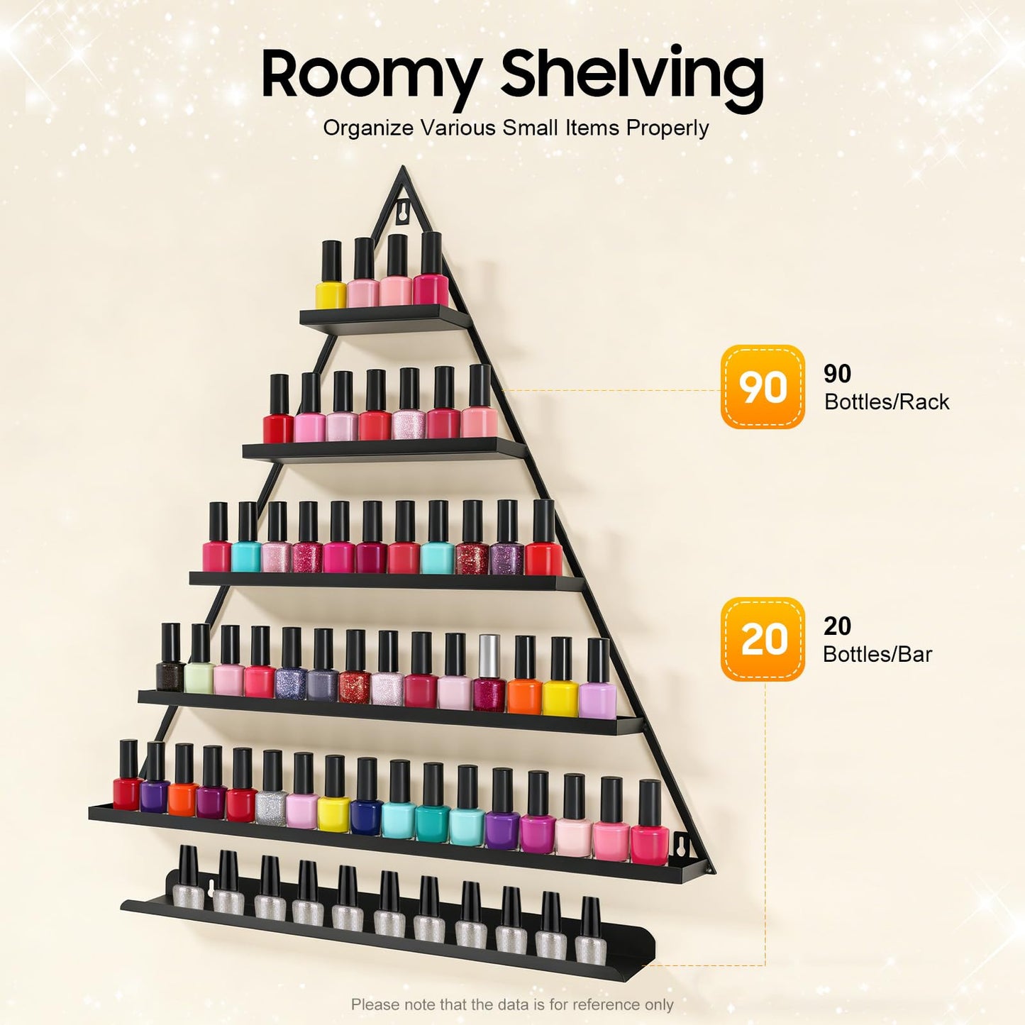 BANEBONE Elegant Gold Wall Mounted Nail Polish Rack - Set of 6 Triangular Cosmetic Display Shelves for Essential Oil Bottles, Organize Your Lipsticks and Perfumes in Style at Home or Salon (Black)
