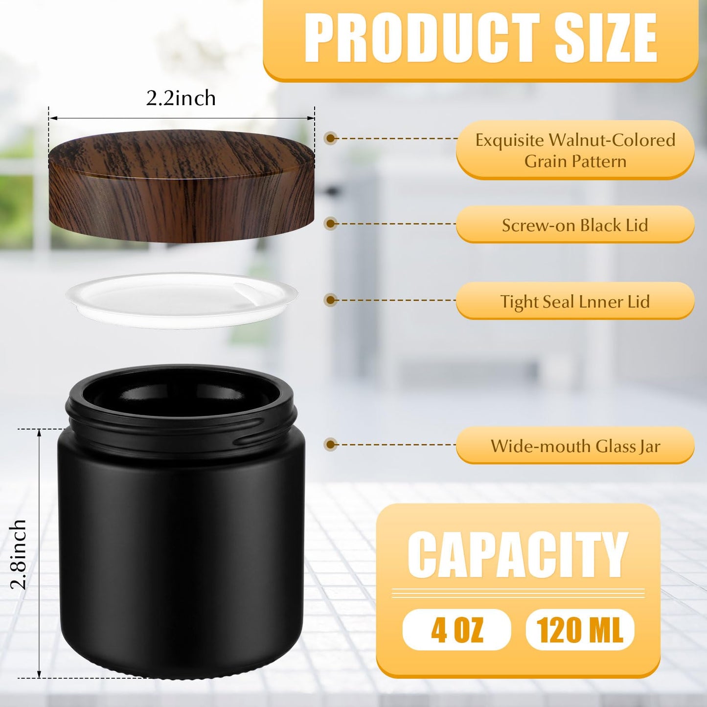 Norme 24 Pcs 4 oz Glass Jars with Lids Empty Small Glass Containers and Inner Liners Reusable Cosmetic Jars Round Airtight Bottles with Plastic Woodgrain Lids for Storing Lotion (Matte Black)