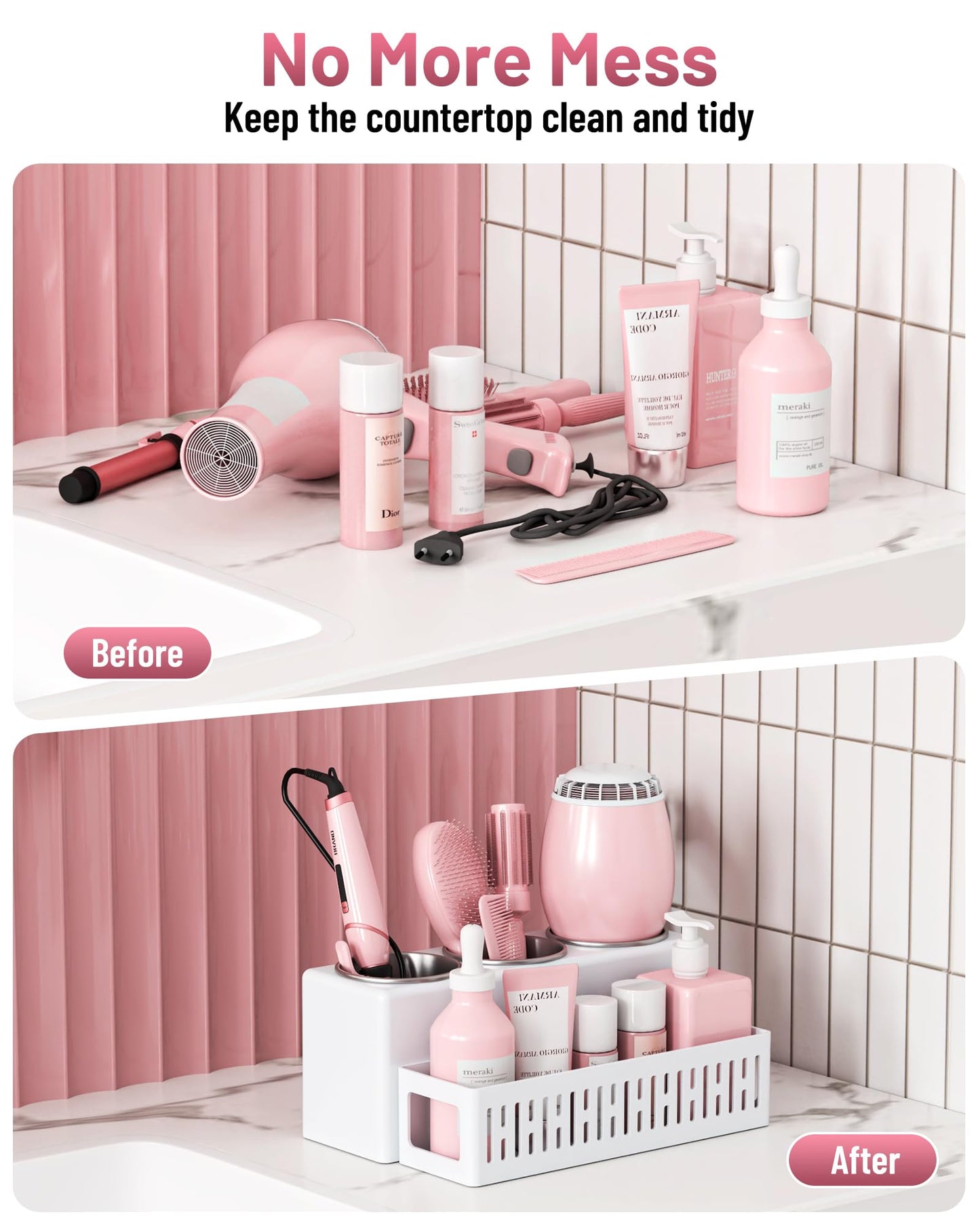 LATTYSY Hair Tool Organizer, Detachable Hair Dryer Holder with 3 Stainless Steel Cups, Wall Mounted Bathroom Organizers and Storage for Accessories, Curling Irons, Straighteners, Toiletries, Makeup