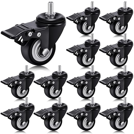 Set of 12 M8 Caster Wheels 1.5 Inch M8 x 25 mm Swivel Threaded Stem Caster Locking Standing Desk Wheels Heavy Duty 360° Polyurethane with Dual Brake, No Noise, 400 lb for Cart Desk Furniture
